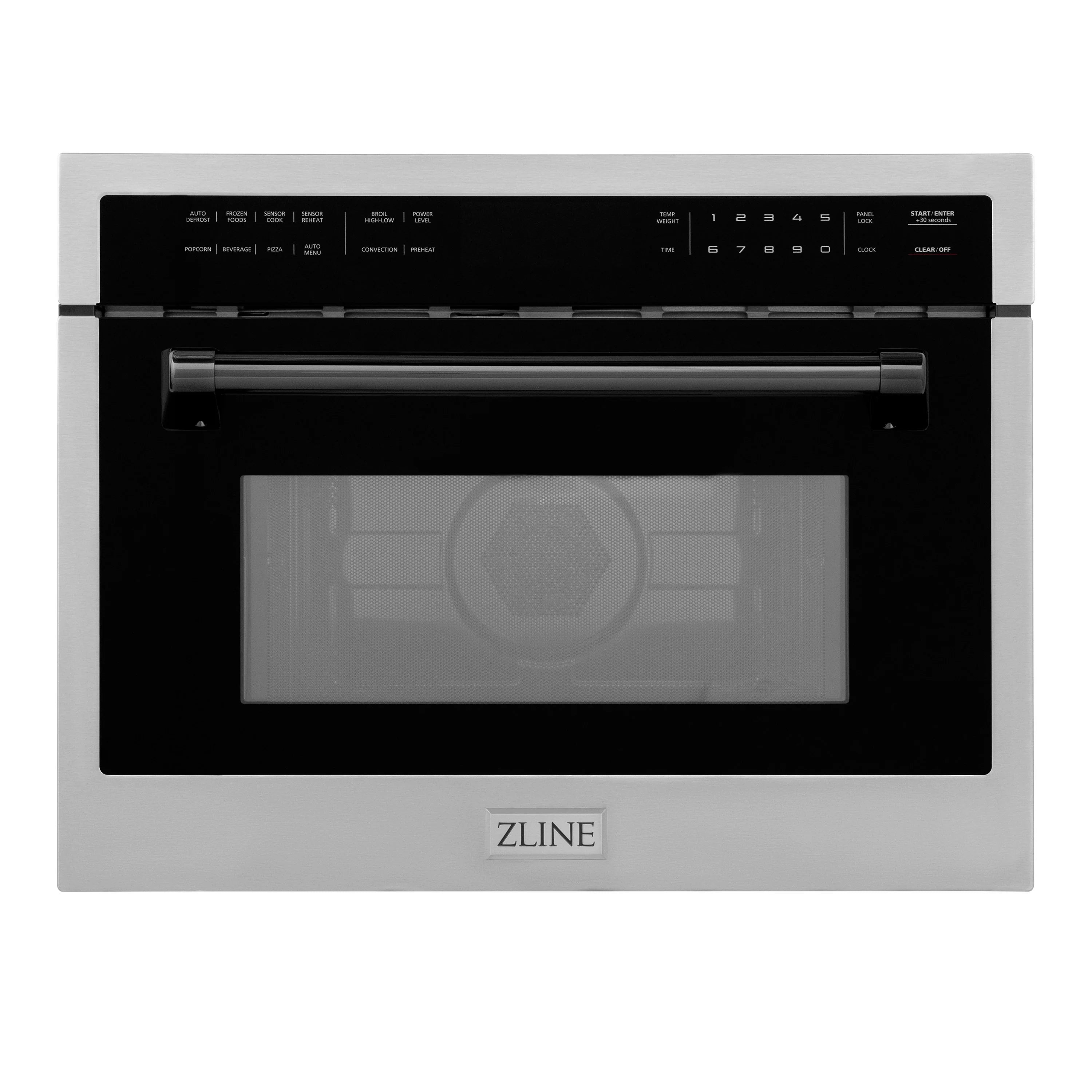 Built-in convection microwave oven, stainless steel with matte black control panel and door.