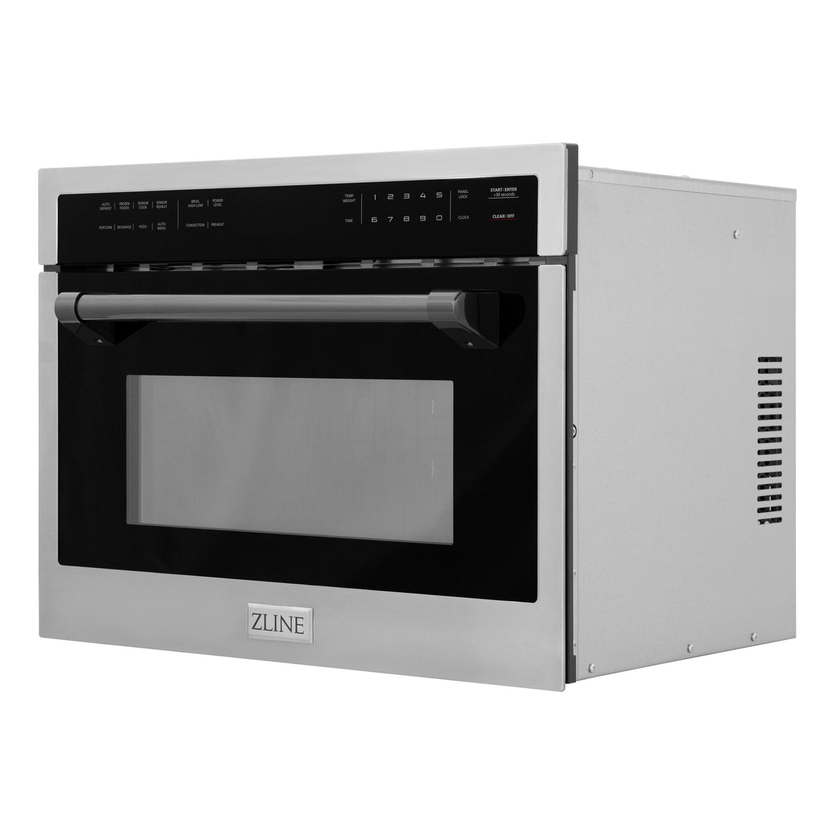 Built-in convection microwave oven side view with stainless body and black viewing window.