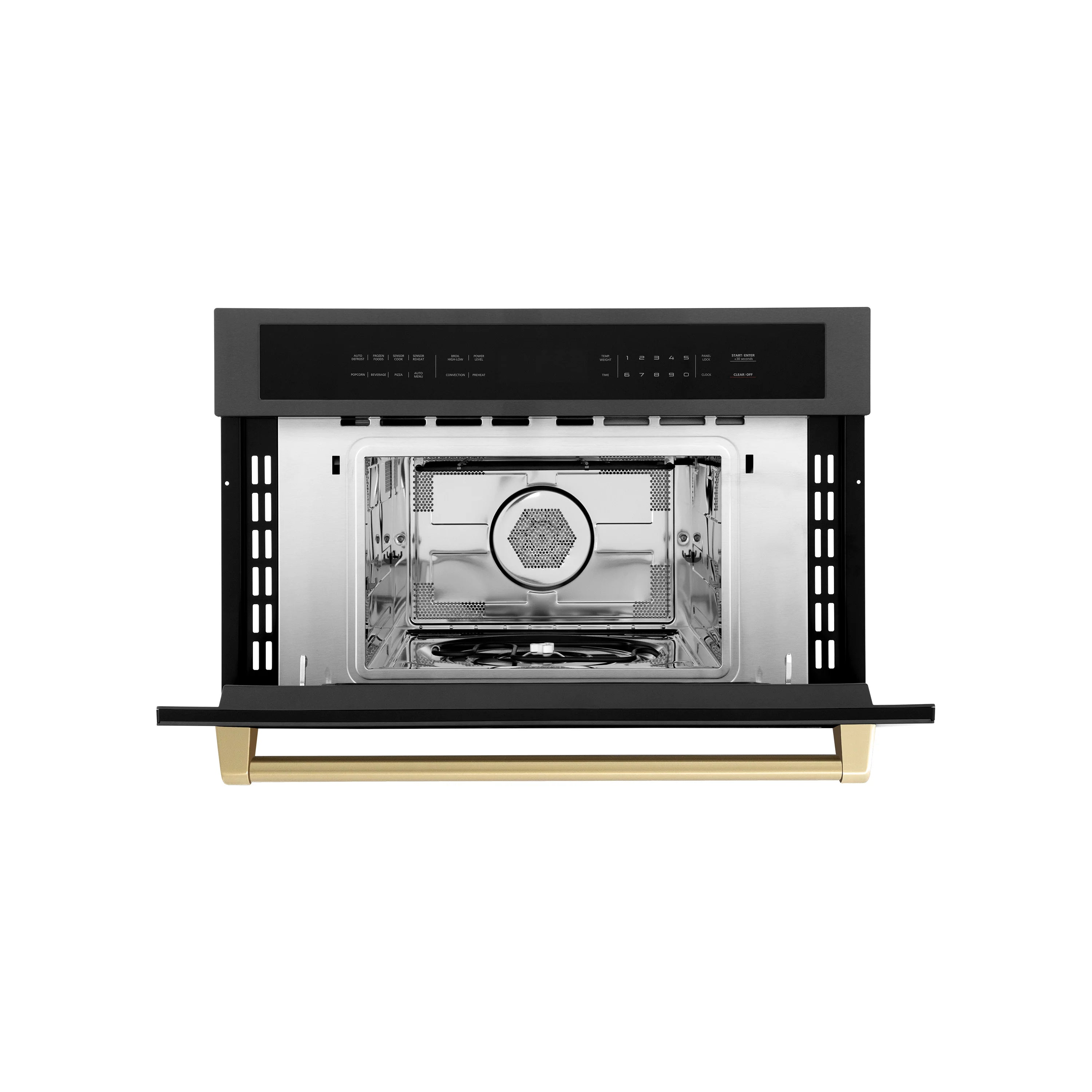 Microwave oven with door open, showing interior cavity and tray, black with bronze handle