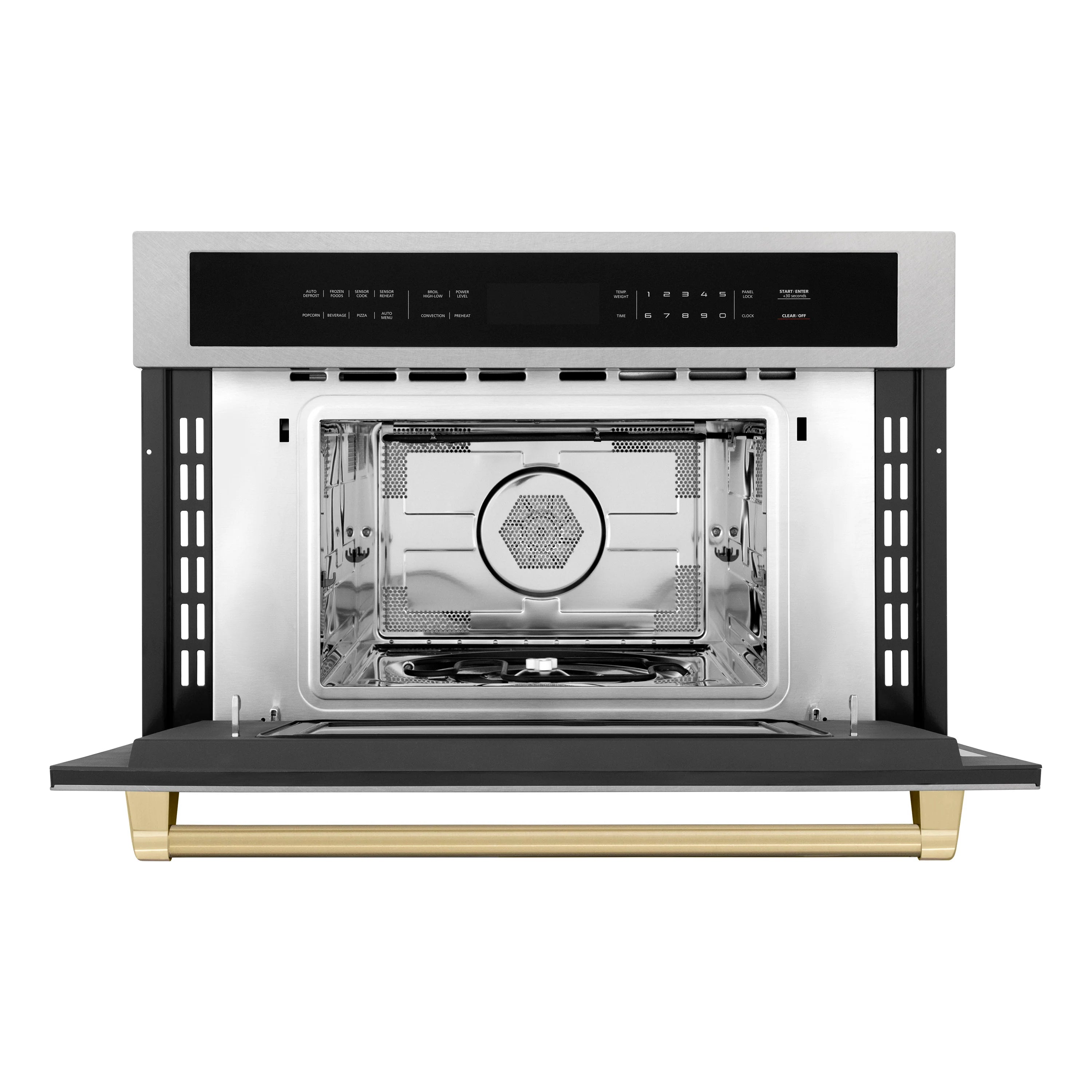Built-in microwave oven with open door showing interior cooking cavity and rack