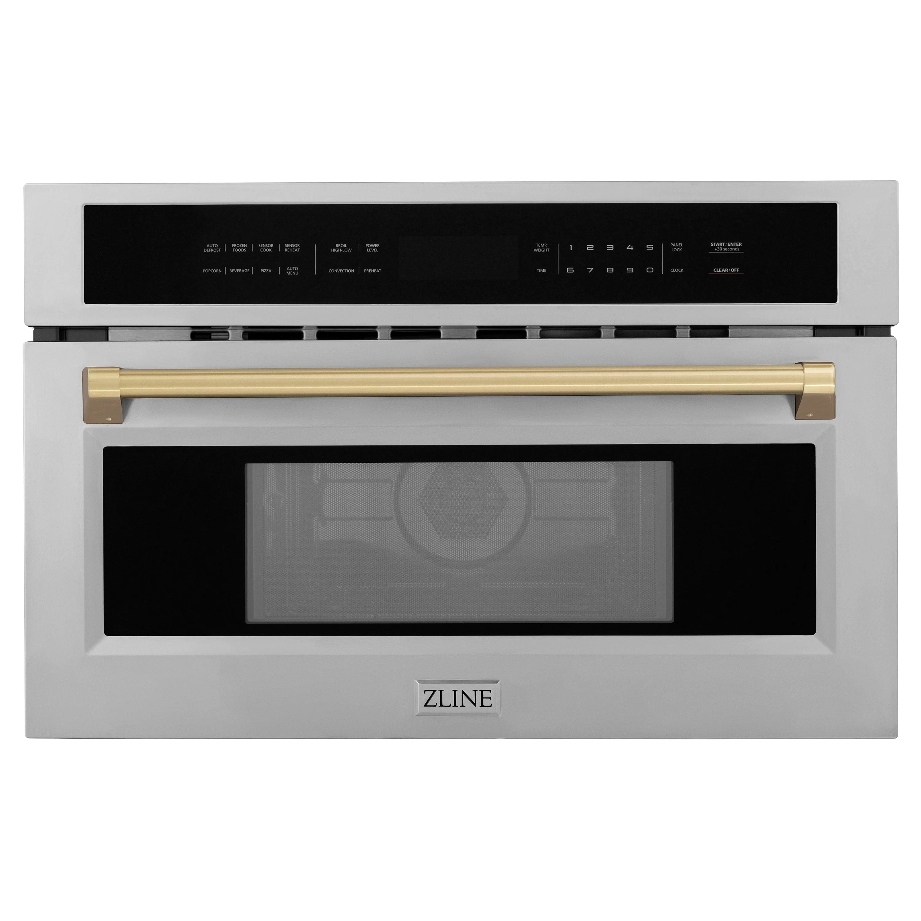 Built-in microwave oven with black control panel and champagne bronze handle trim