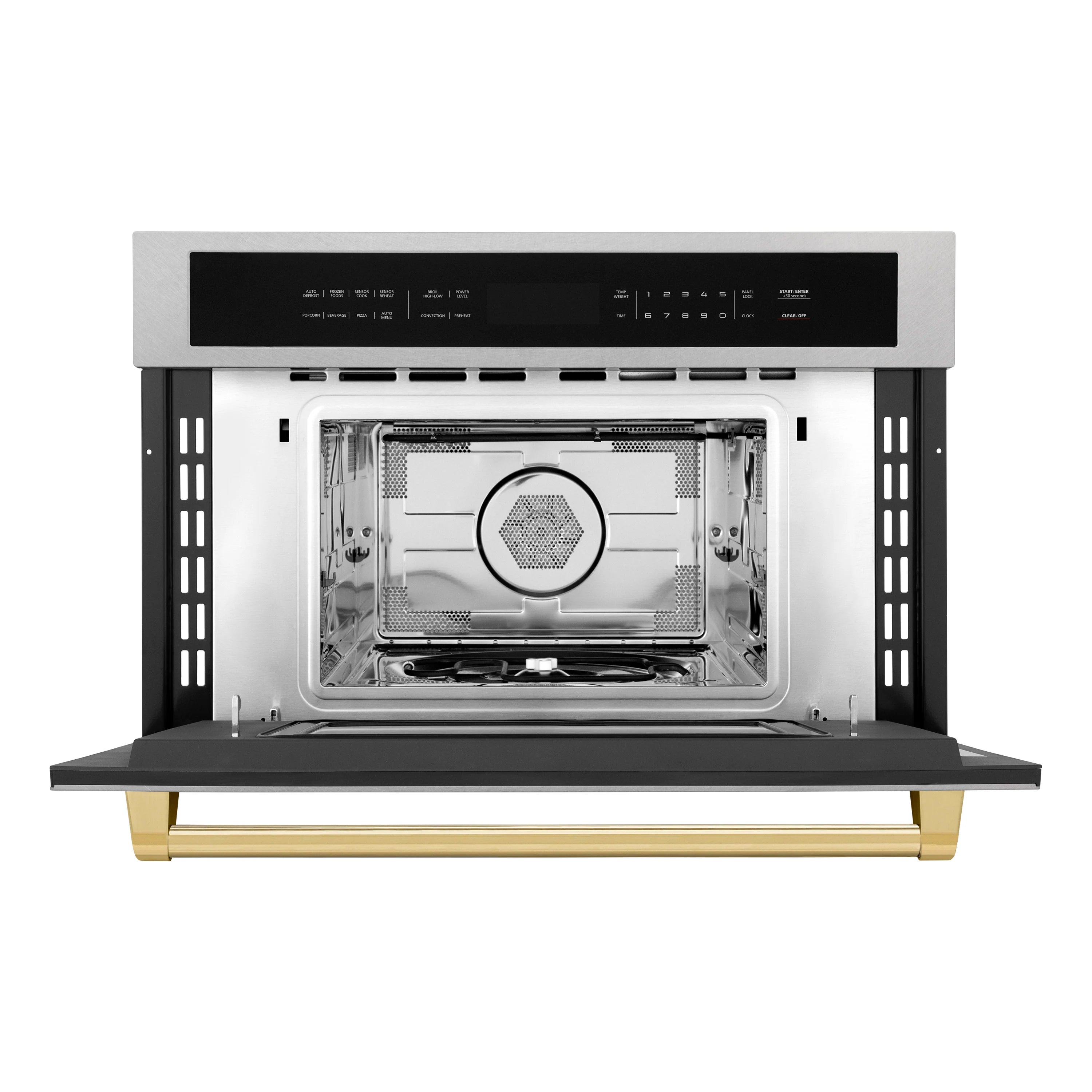 Built-in convection microwave oven door open showing interior cavity and turntable