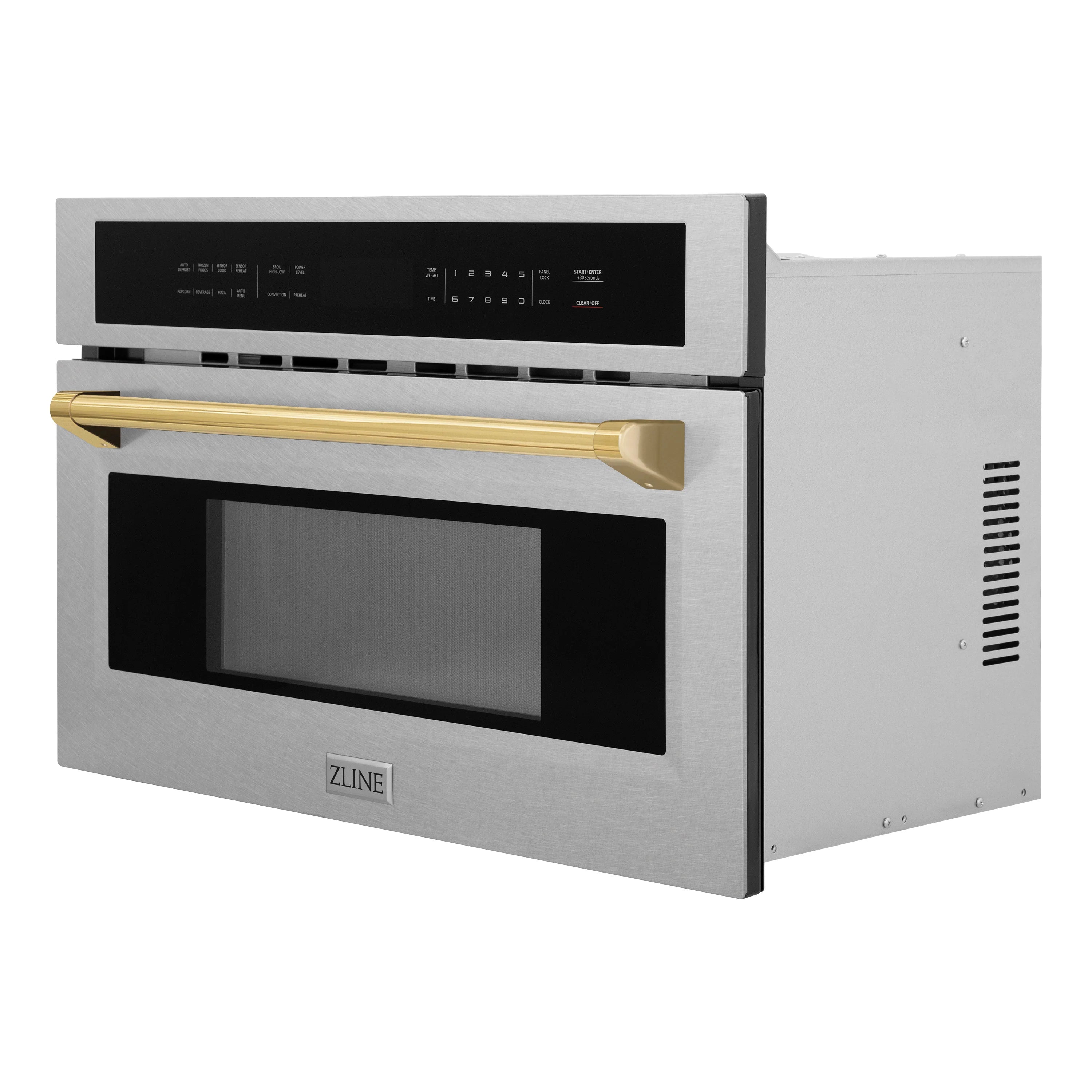 Built-in convection microwave oven stainless steel with gold handle bar and black control panel