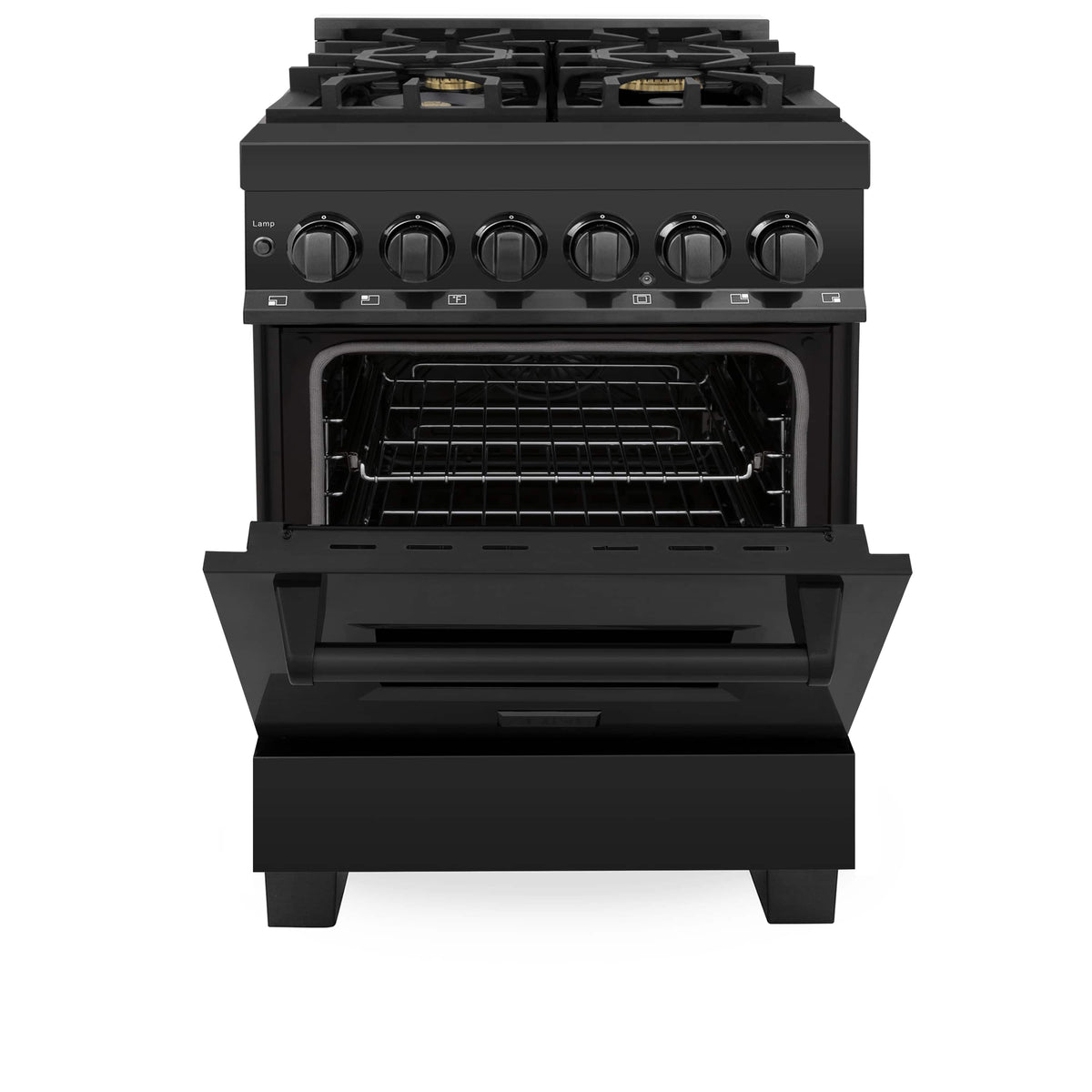 ZLINE black stainless dual-fuel range with four gas burners and electric oven