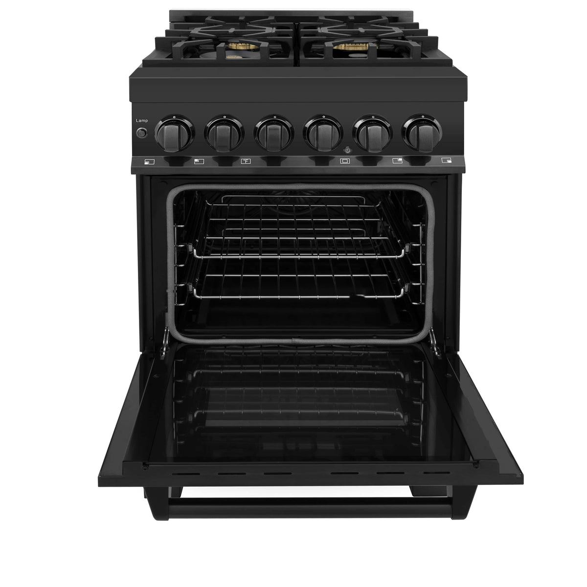 ZLINE black dual-fuel range with open oven door, two racks, and four gas burners