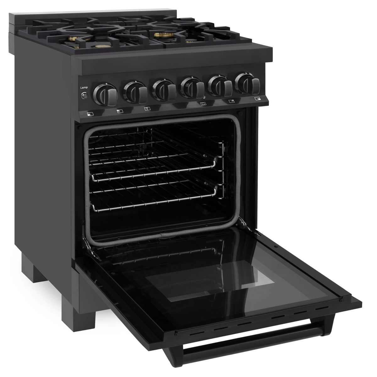 ZLINE black dual-fuel range with extended oven door and four gas burners
