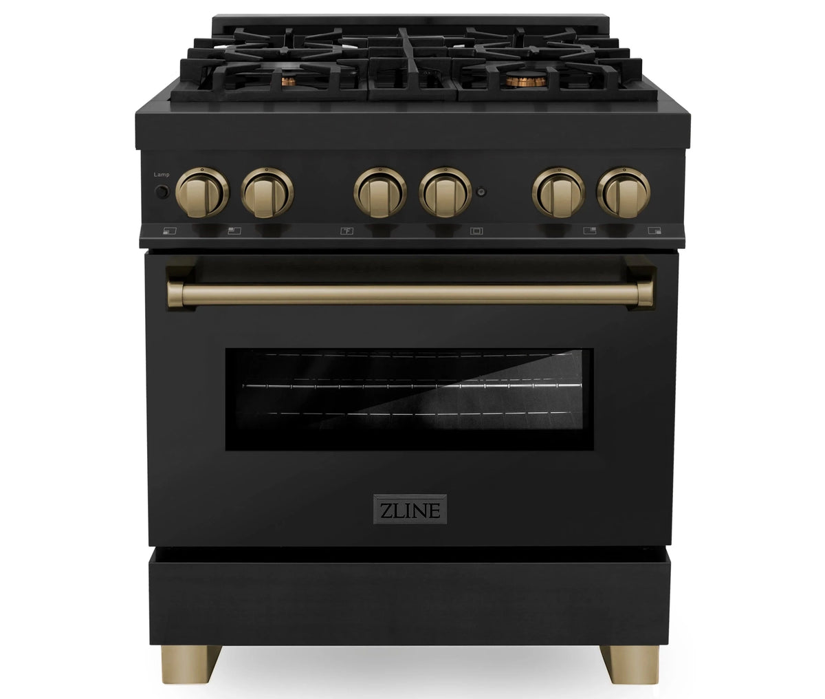 Black dual fuel range with champagne bronze knobs and oven door, front view