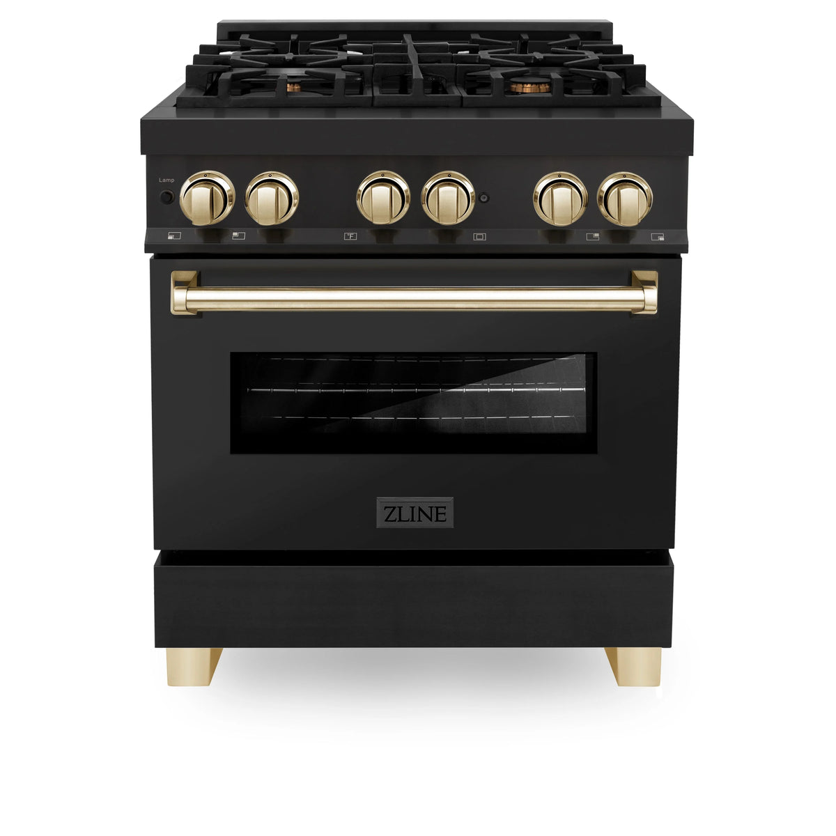 Black dual fuel range with gold control knobs, grates, and viewing window