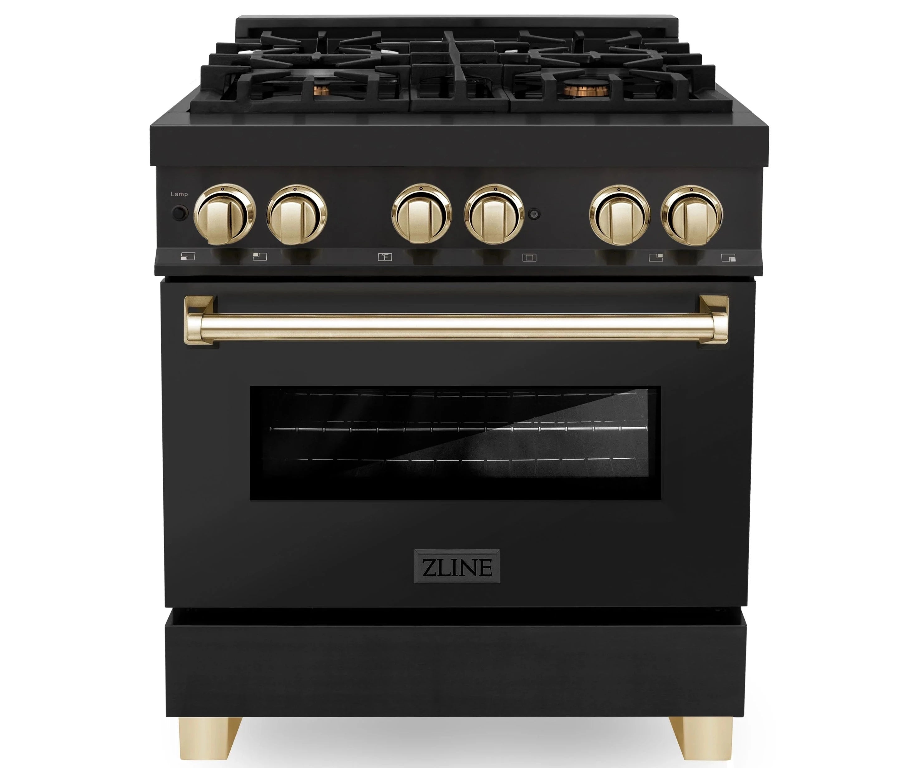 Black dual fuel range with gold control knobs and front oven window