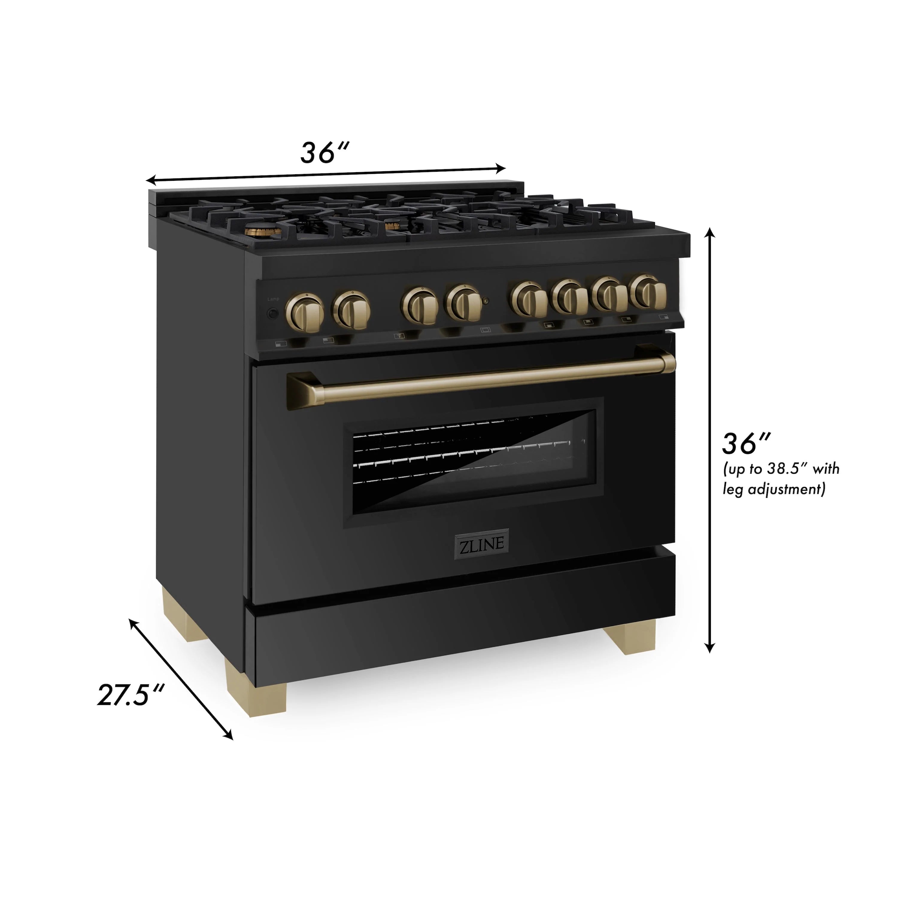 36-inch black dual fuel range with champagne bronze accents and oven window