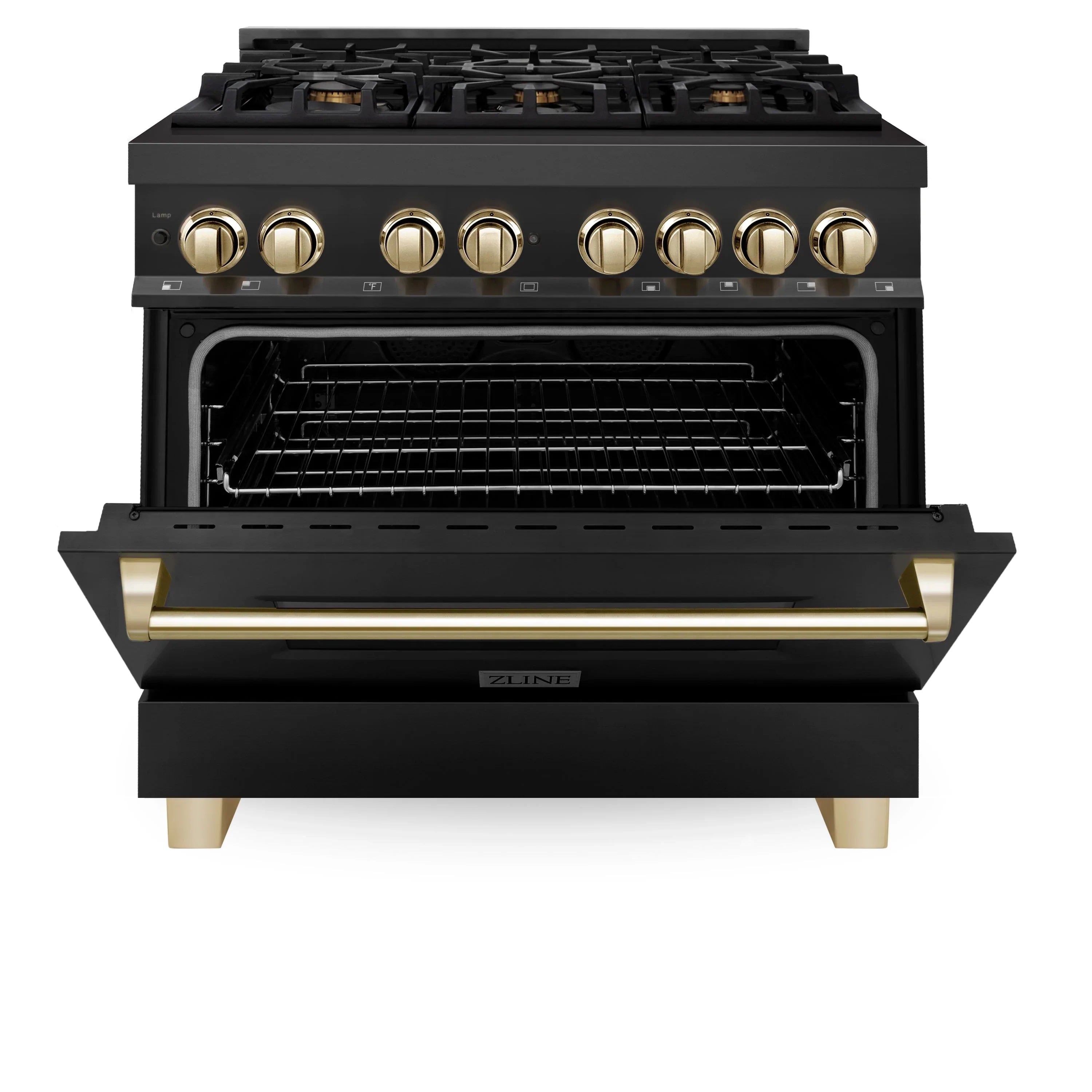 Black dual fuel range with open oven door, gold handle, and oven racks