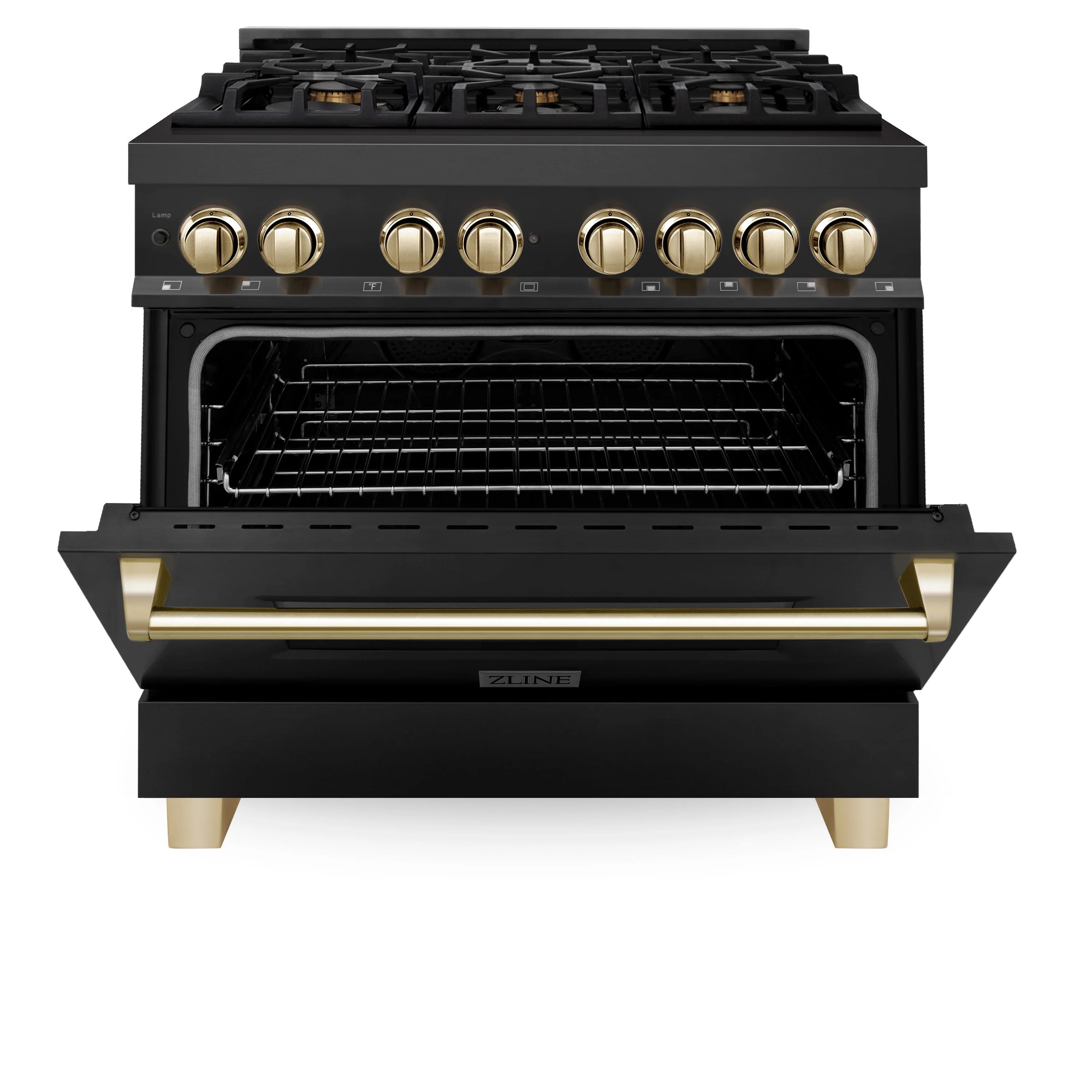 Black dual fuel range with open oven door, gold control knobs and trim