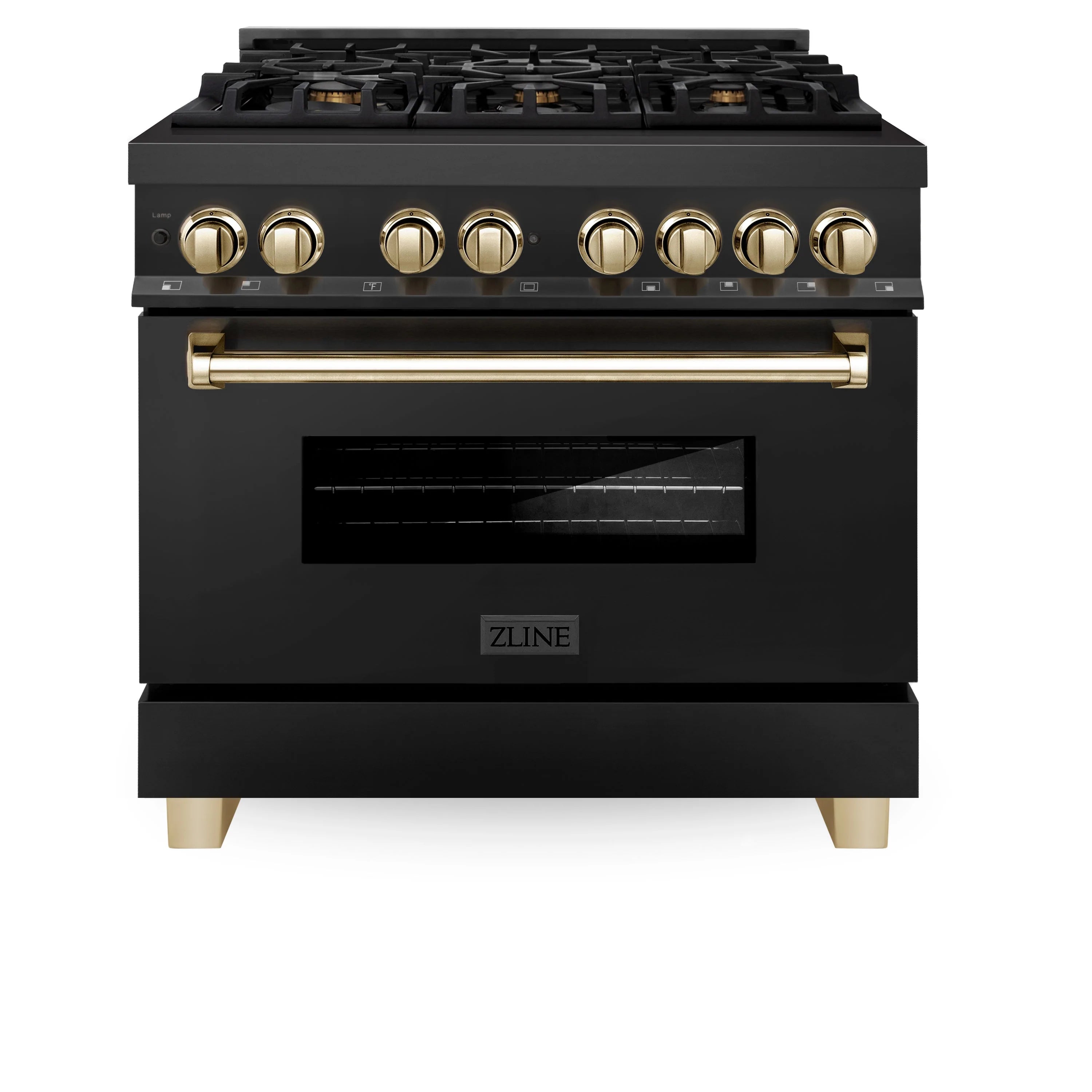Black dual fuel range with brass control knobs, long gold handle, and glass oven door