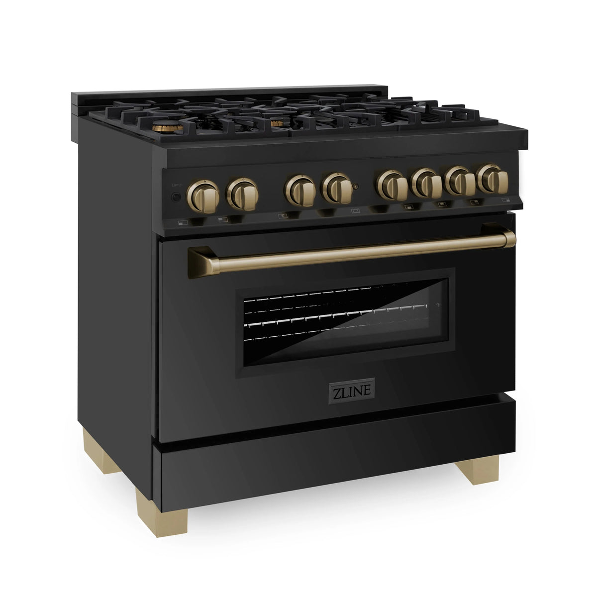 Black dual fuel range with champagne bronze control panel and oven door