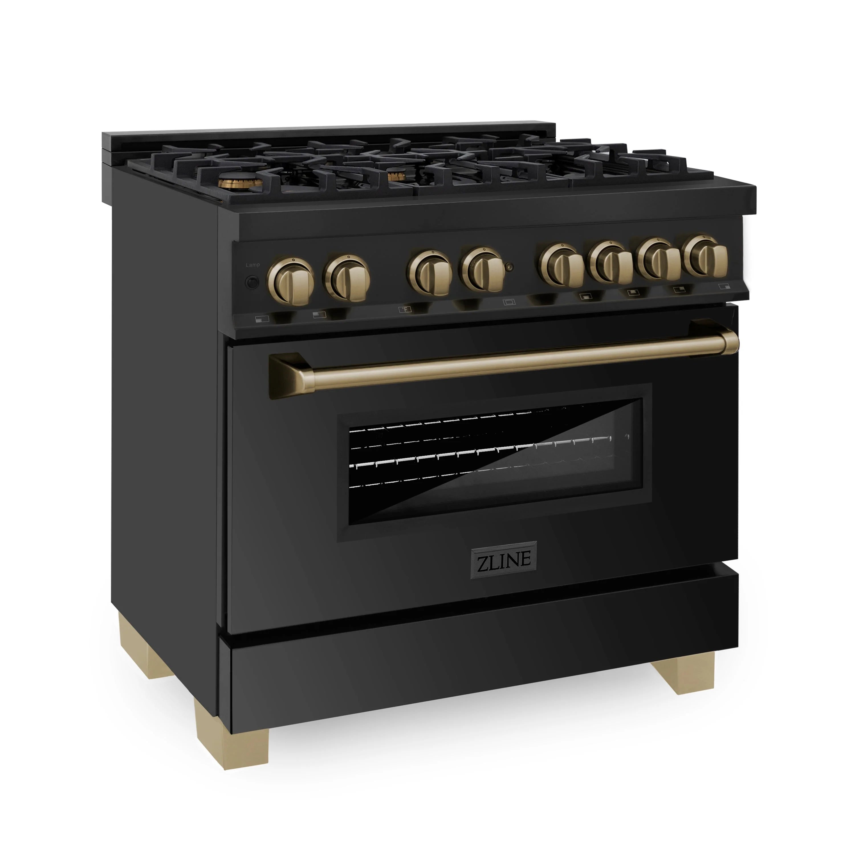 Black stainless dual fuel range with gold-toned knobs, oven window, and front control panel