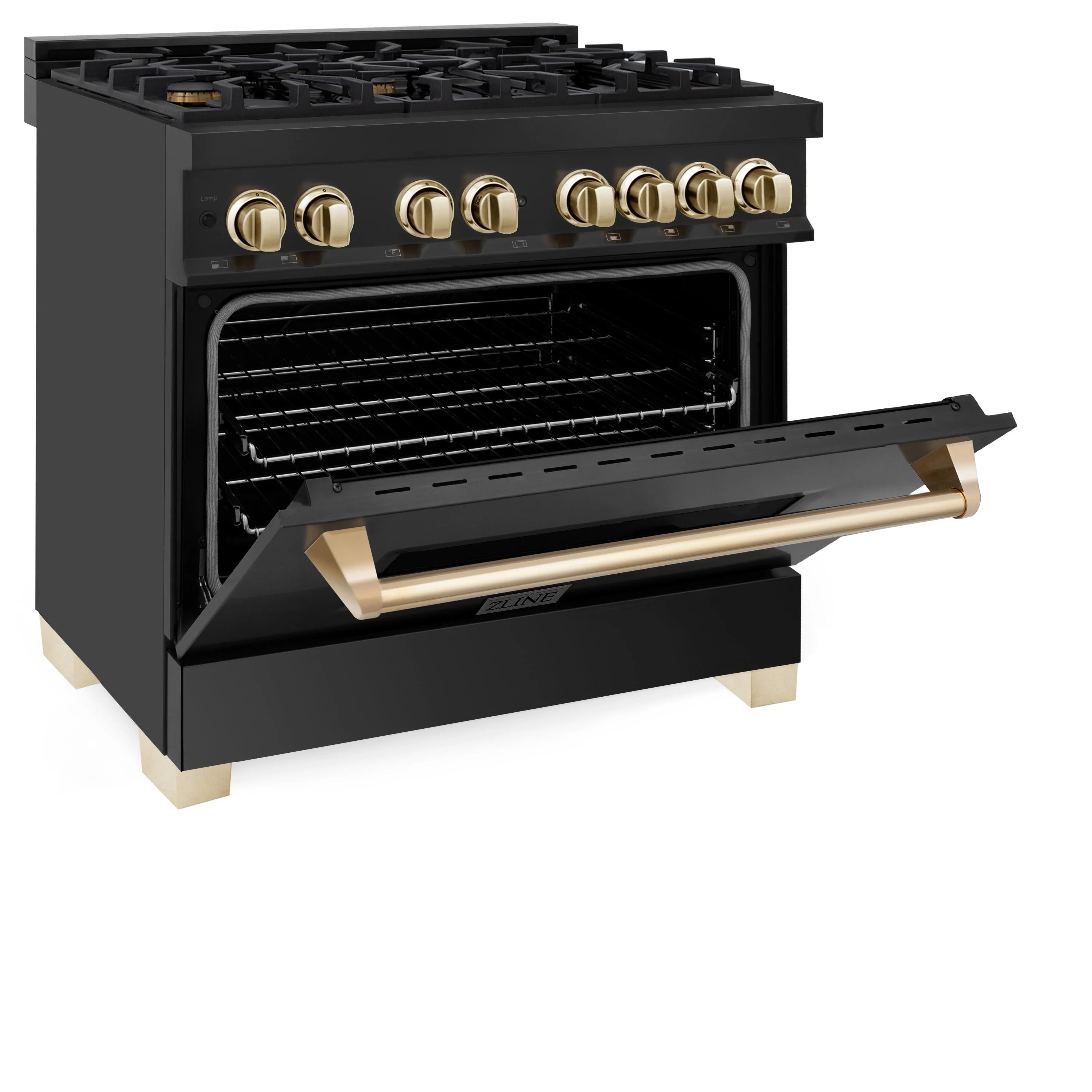 Black dual fuel range with open oven door, gold rail handle and control knobs