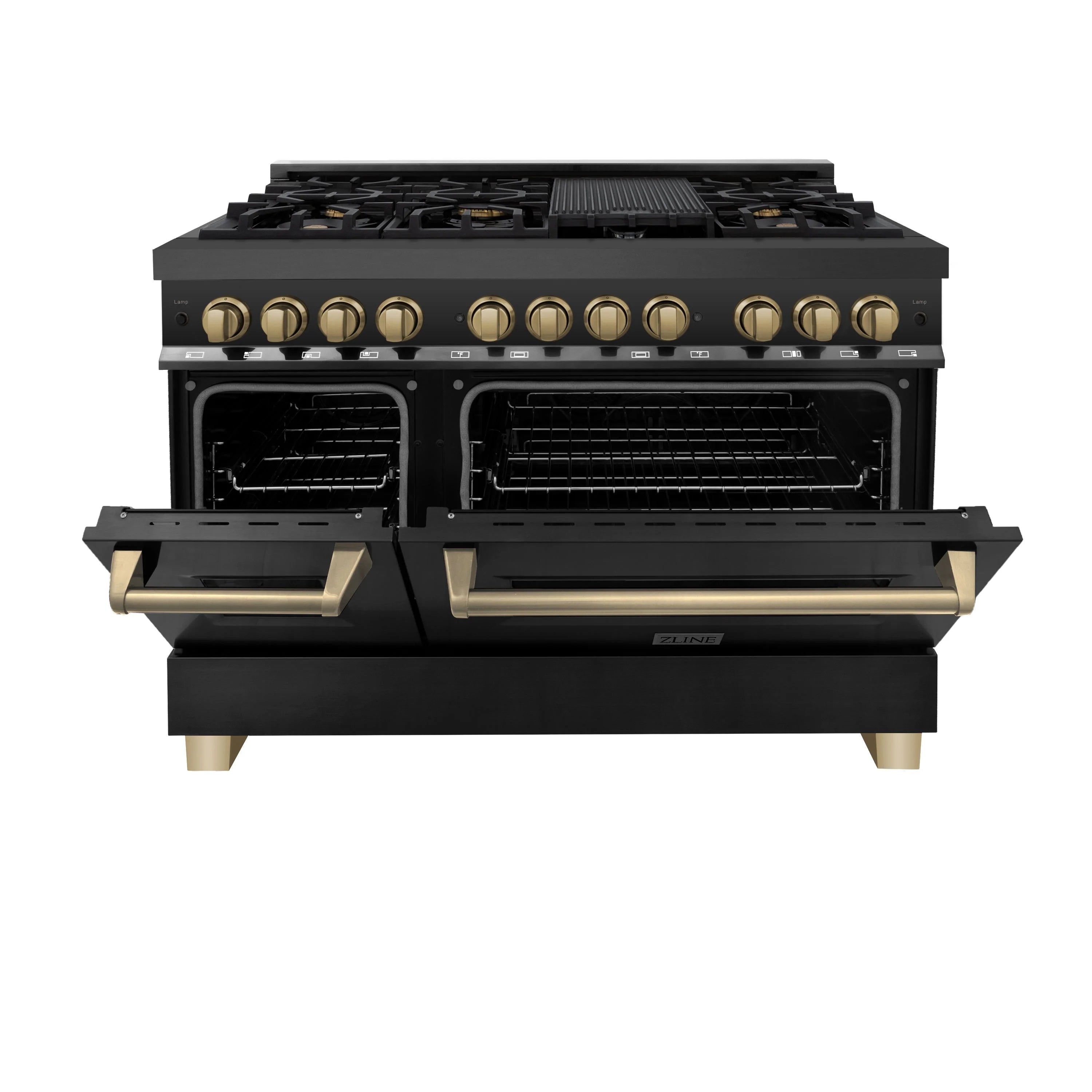 Black dual fuel range with open oven doors and champagne bronze control knobs
