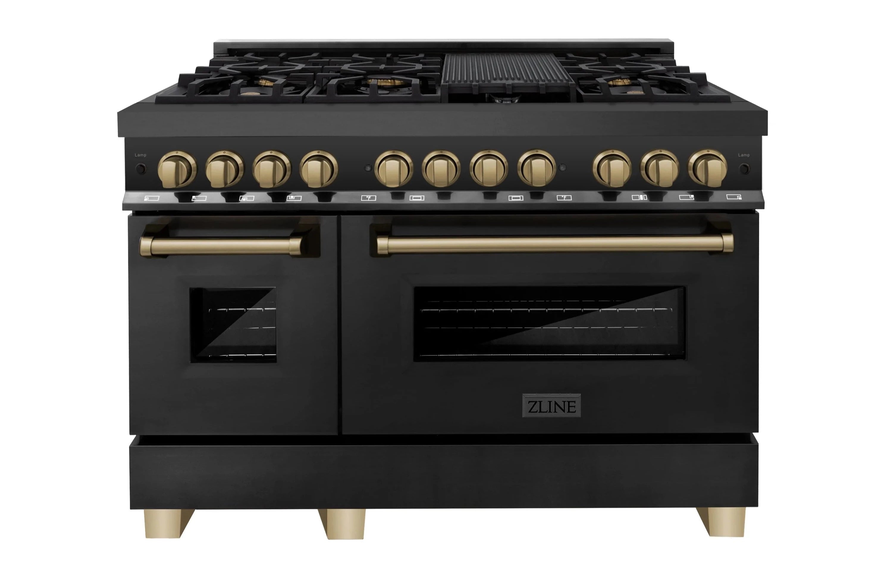 Black dual fuel range with stainless grates, gold knobs, and two oven doors