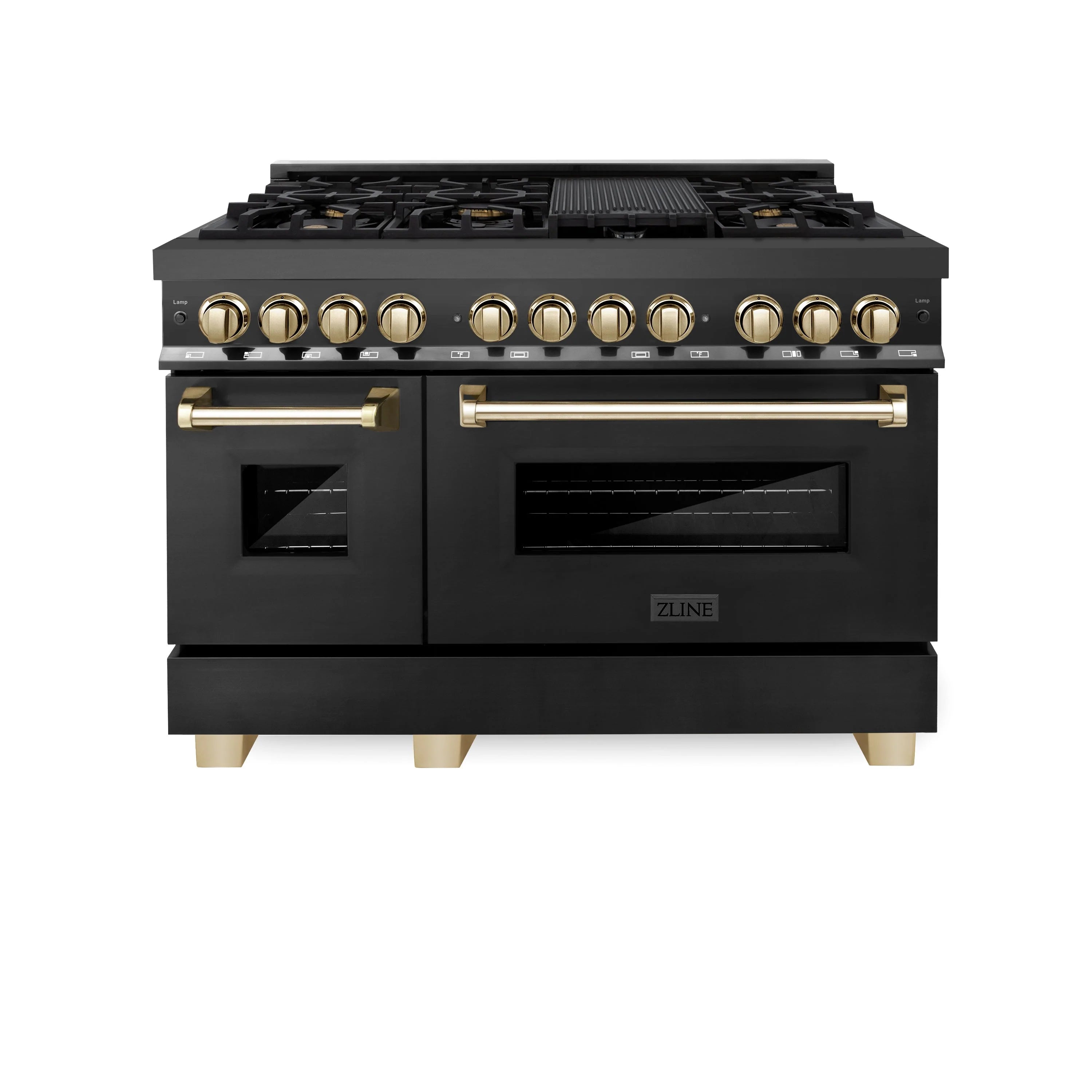 Black dual-fuel range with two oven doors, gold knobs, and gold oven handles.