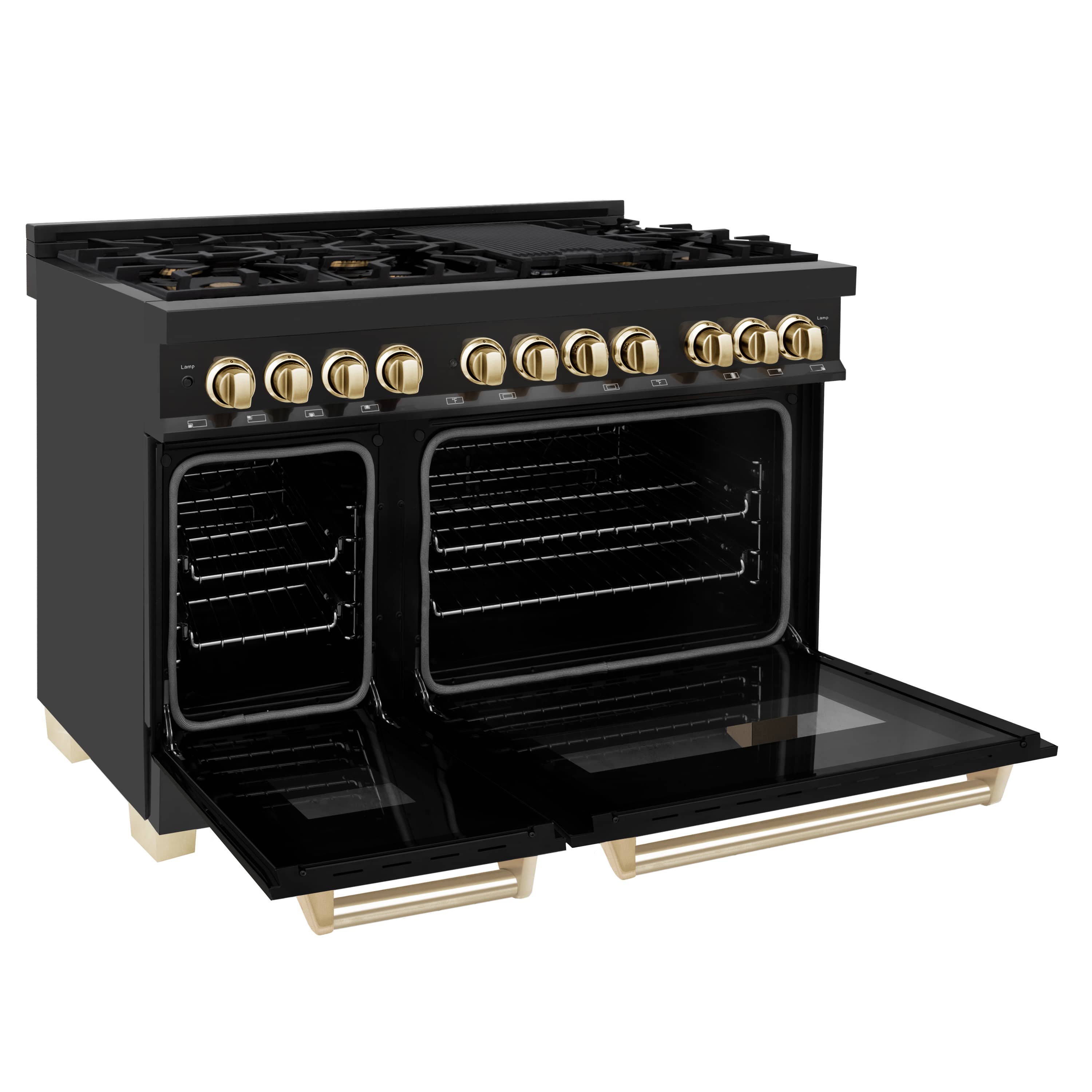 Black range with gold knobs and two open oven glass doors