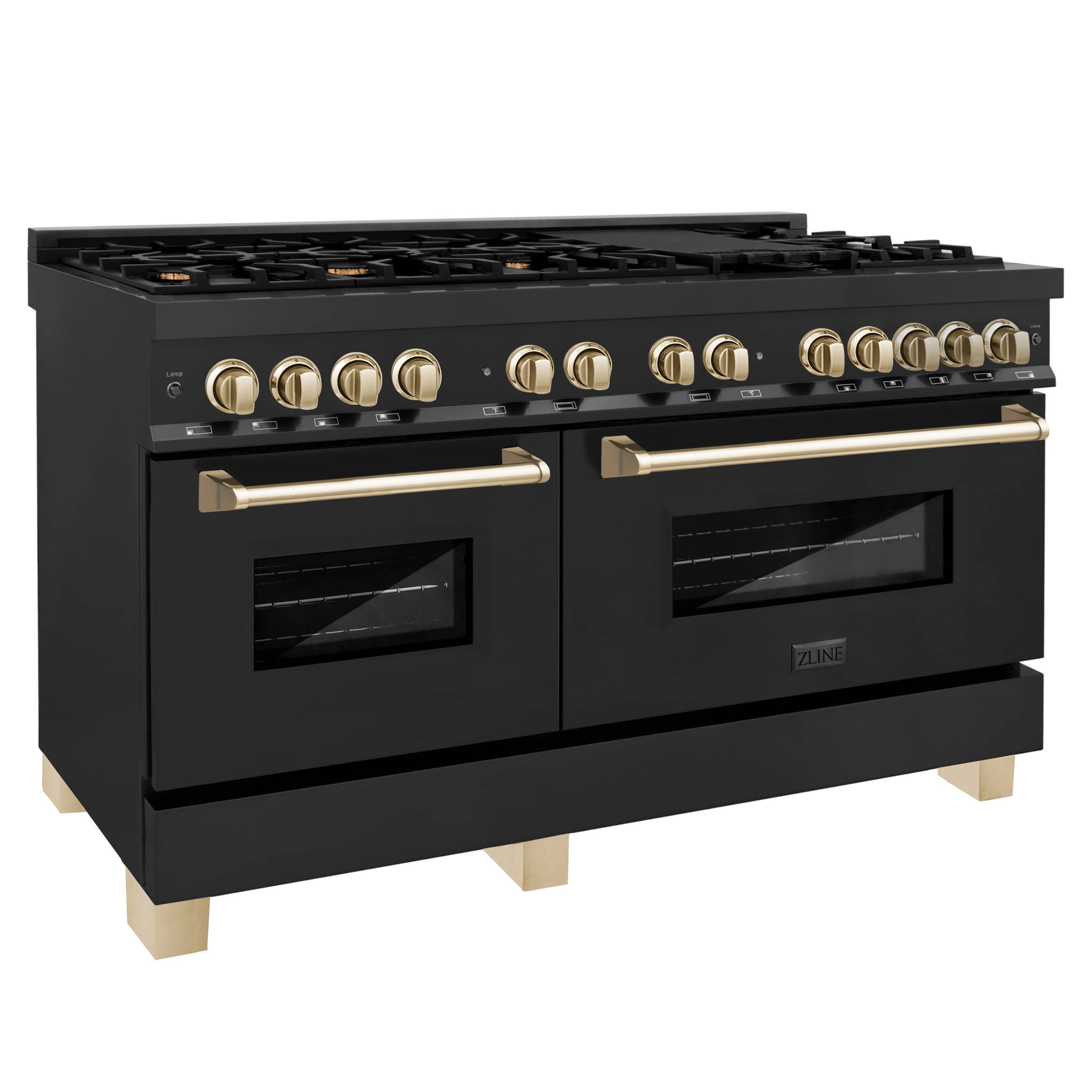 Black dual fuel range with gold knobs and twin glass oven doors, front view