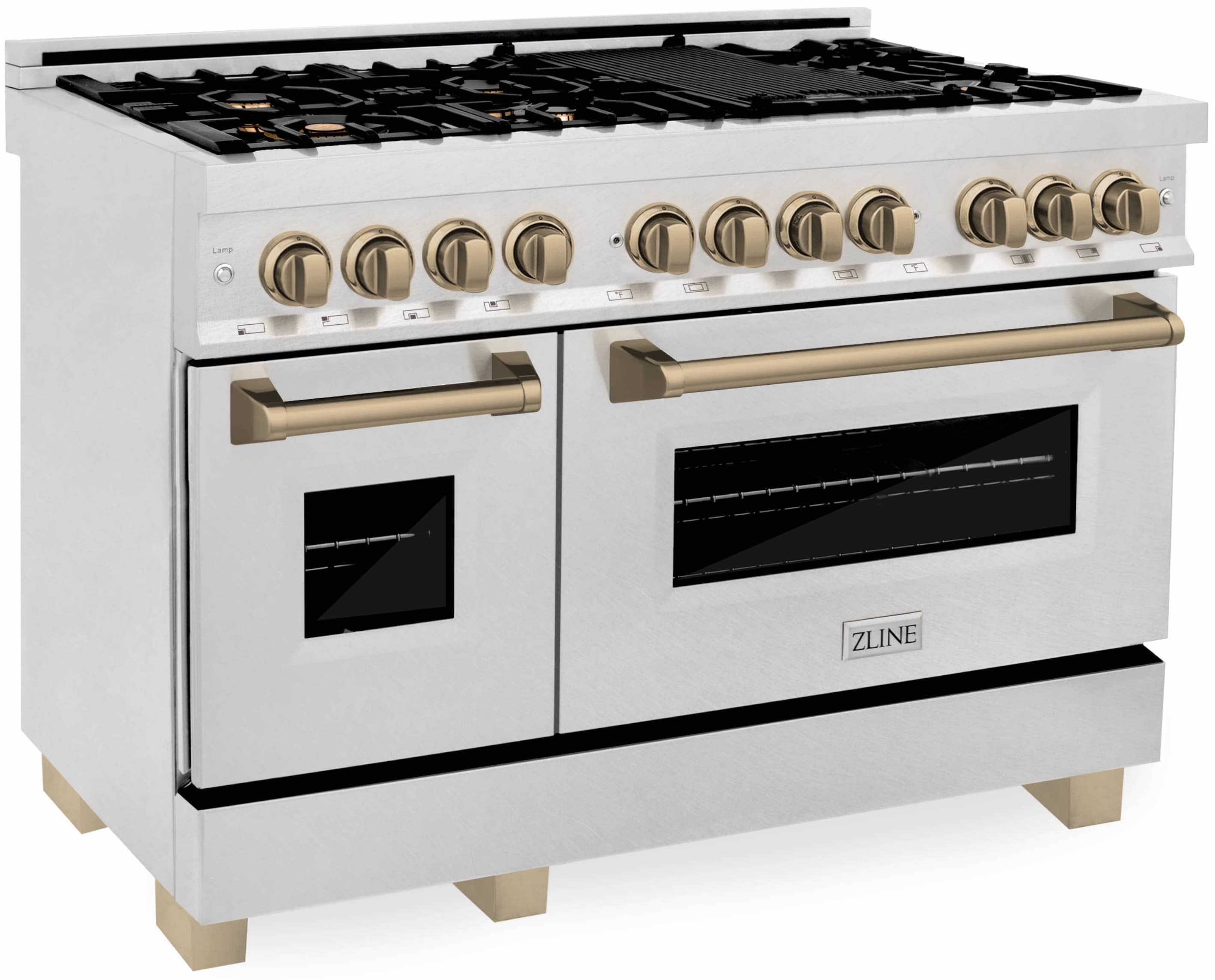Dual fuel range with white body, gold knobs, and two glass oven doors