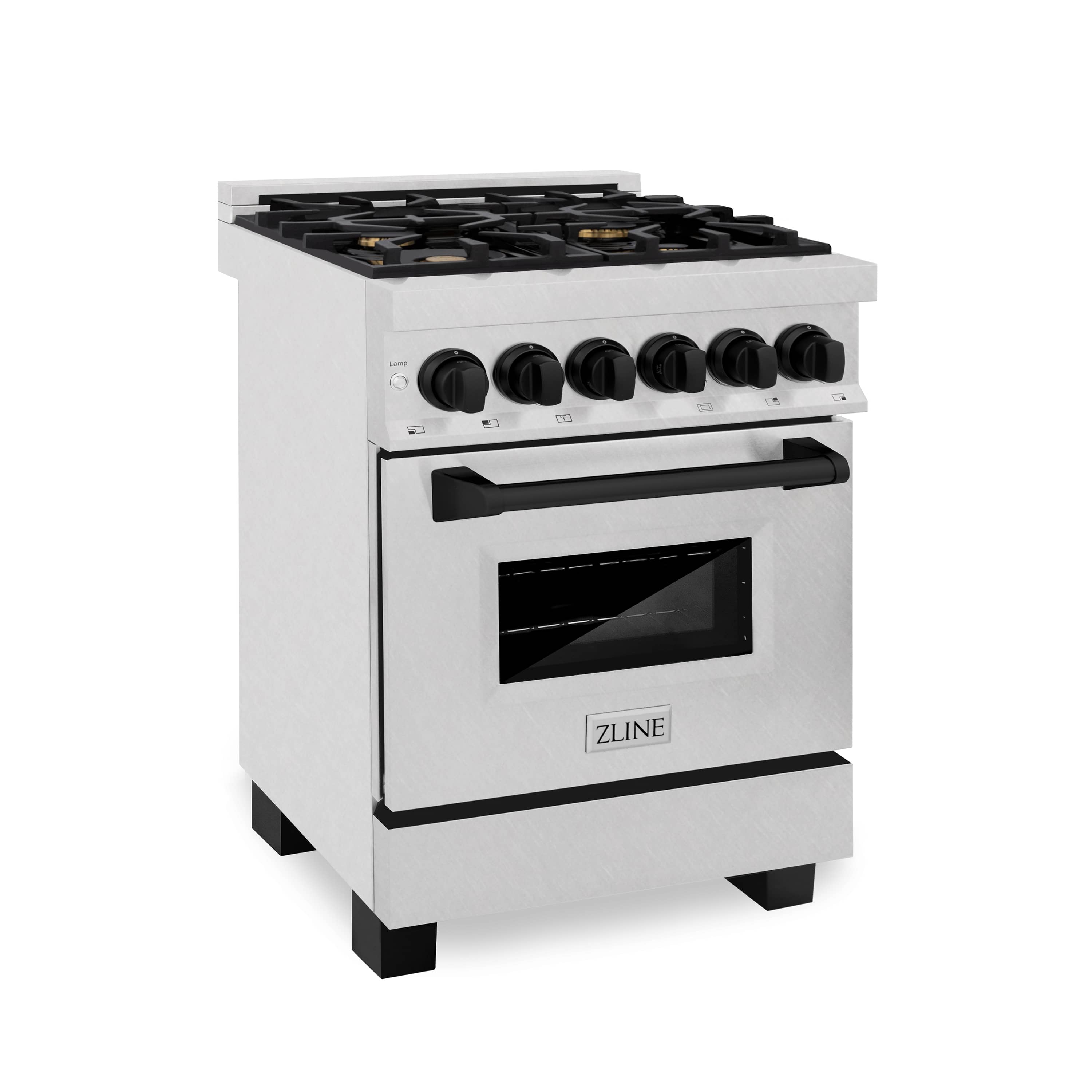Dual fuel range with stainless finish, black knobs, and glass oven door