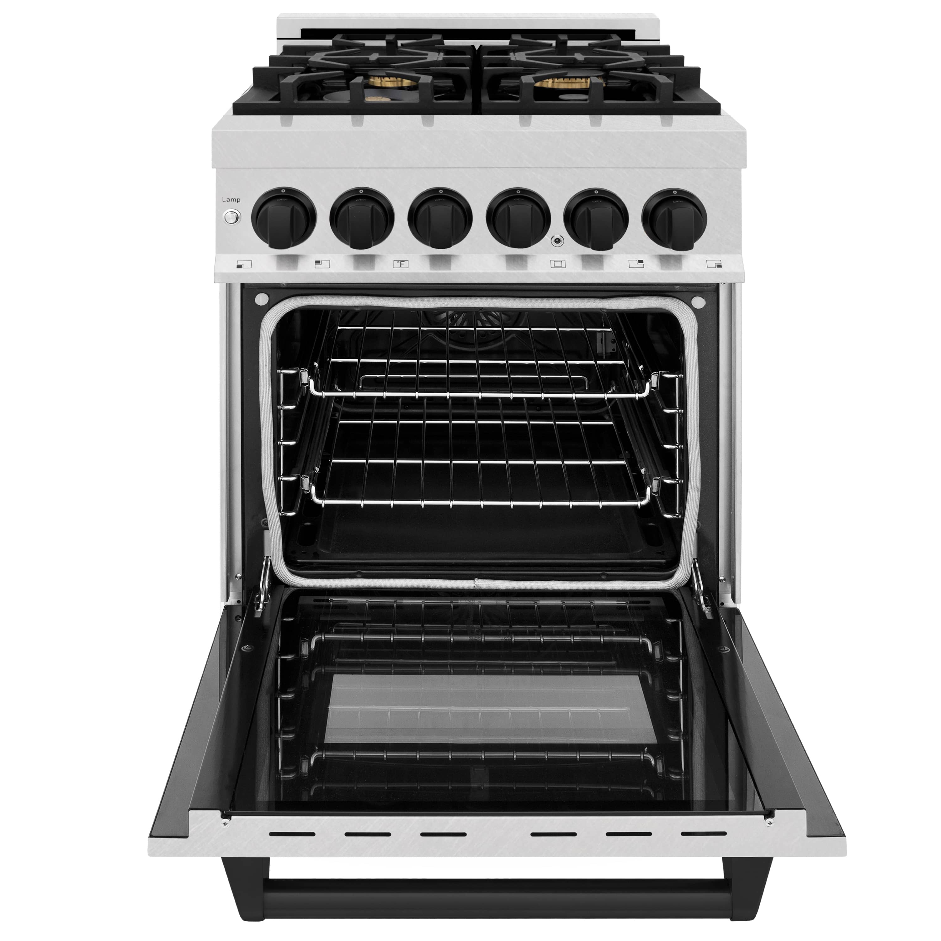 Open dual fuel oven door showing wire rack and matte black oven base