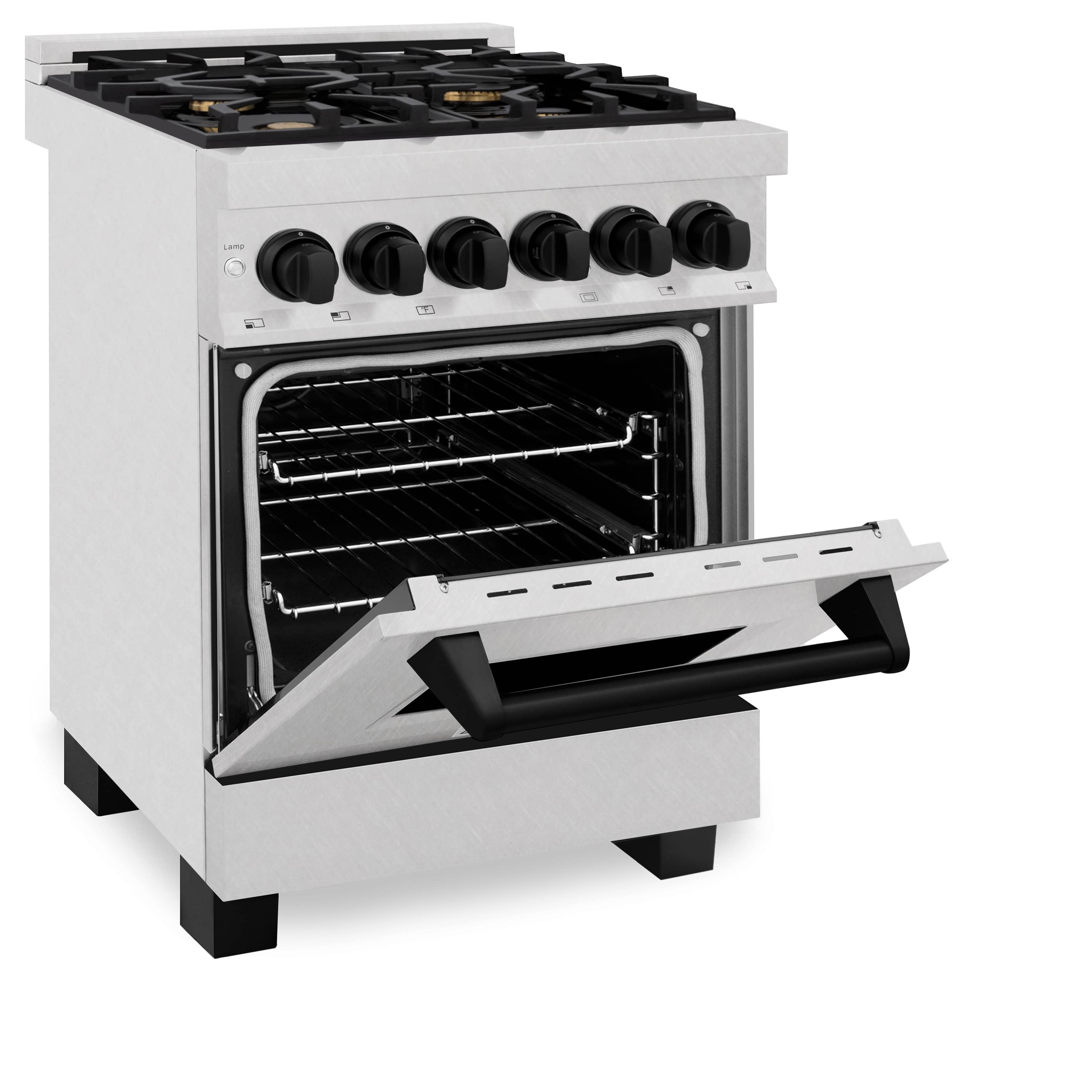Dual fuel range front with open oven door, cooktop grates, and six black knobs