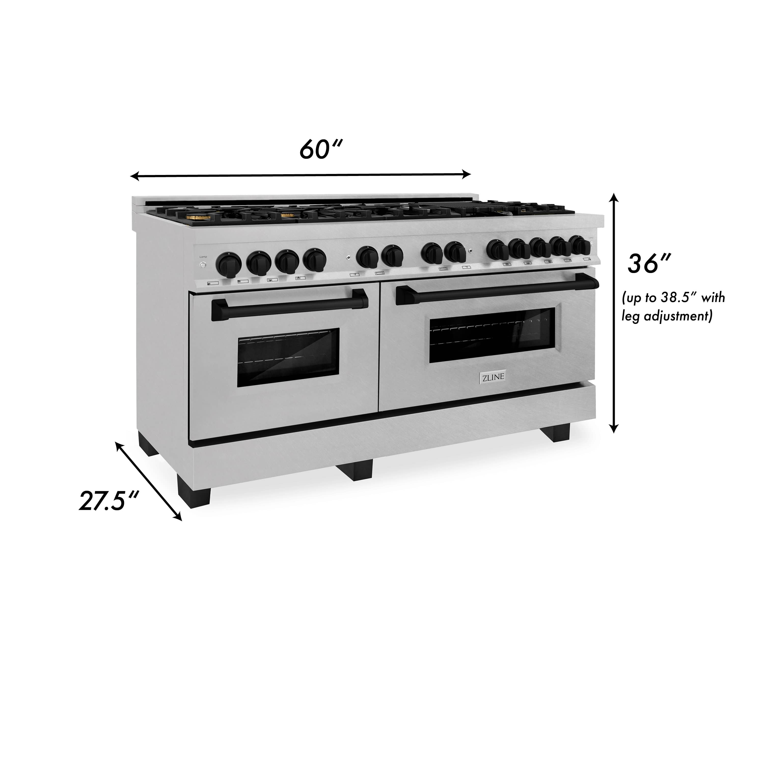 Dual fuel range dimensions diagram showing 60-inch width and 36-inch height
