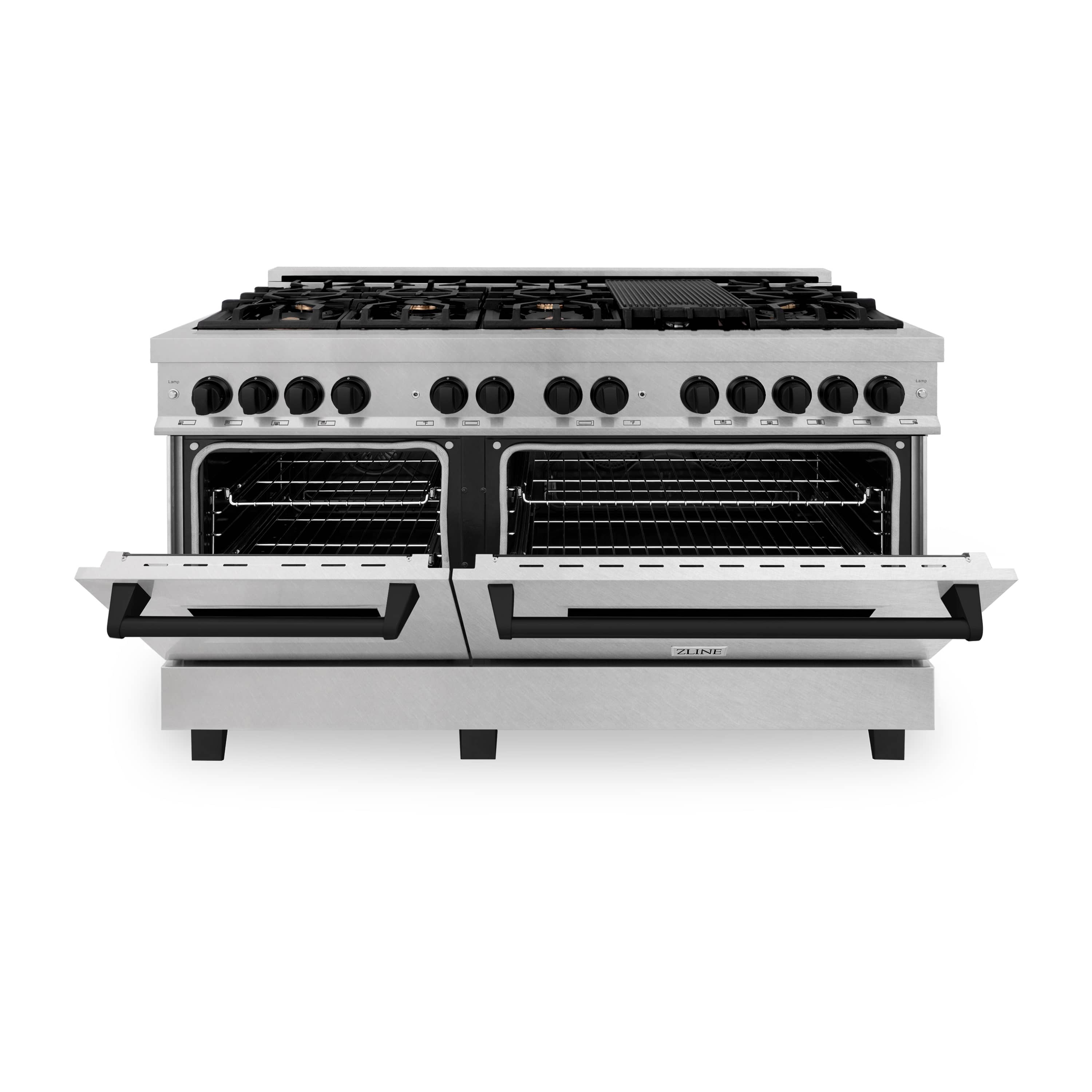 Dual fuel range with black cooktop grates, burner knobs, and two oven doors