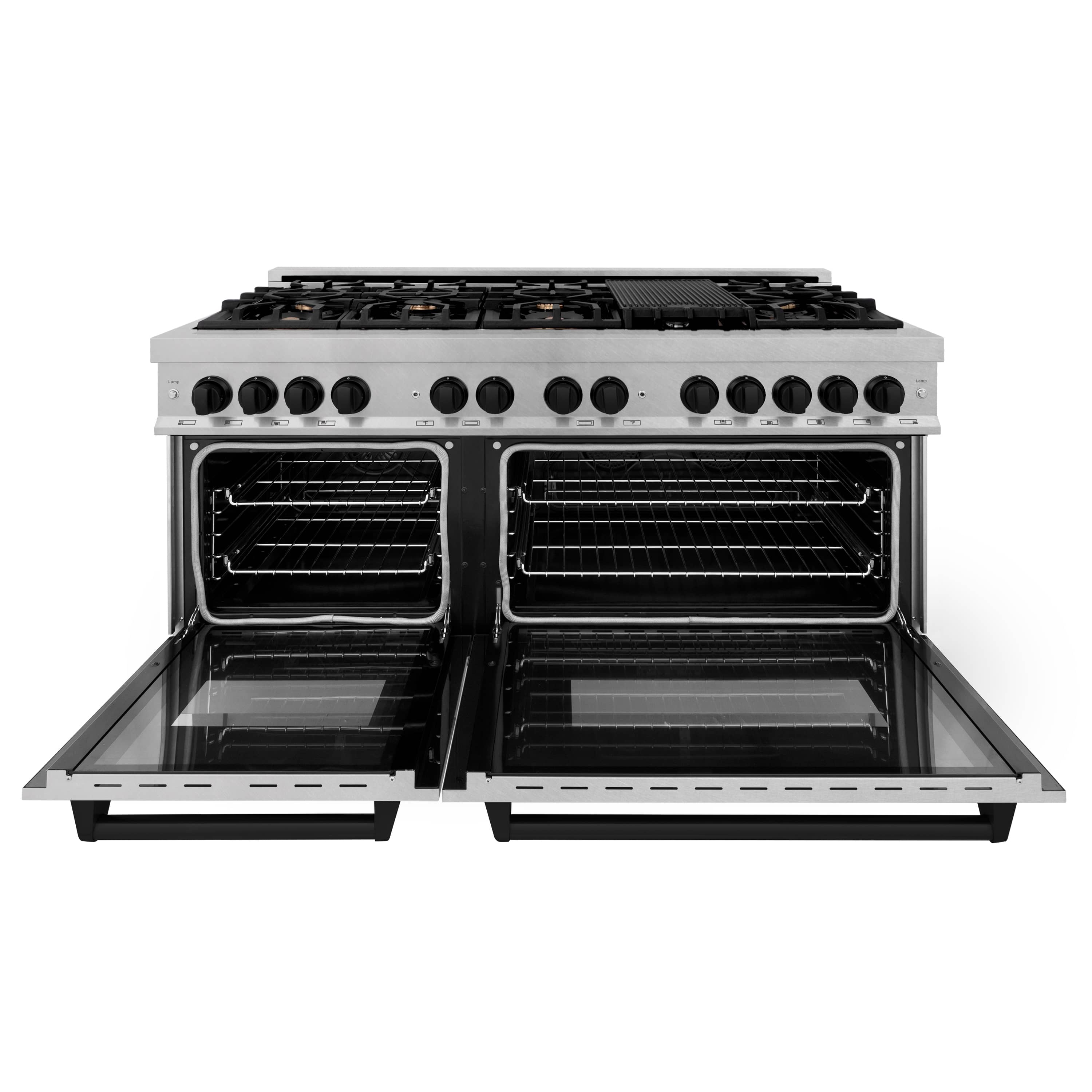 Dual fuel range with both ovens open, showing racks and inner oven walls