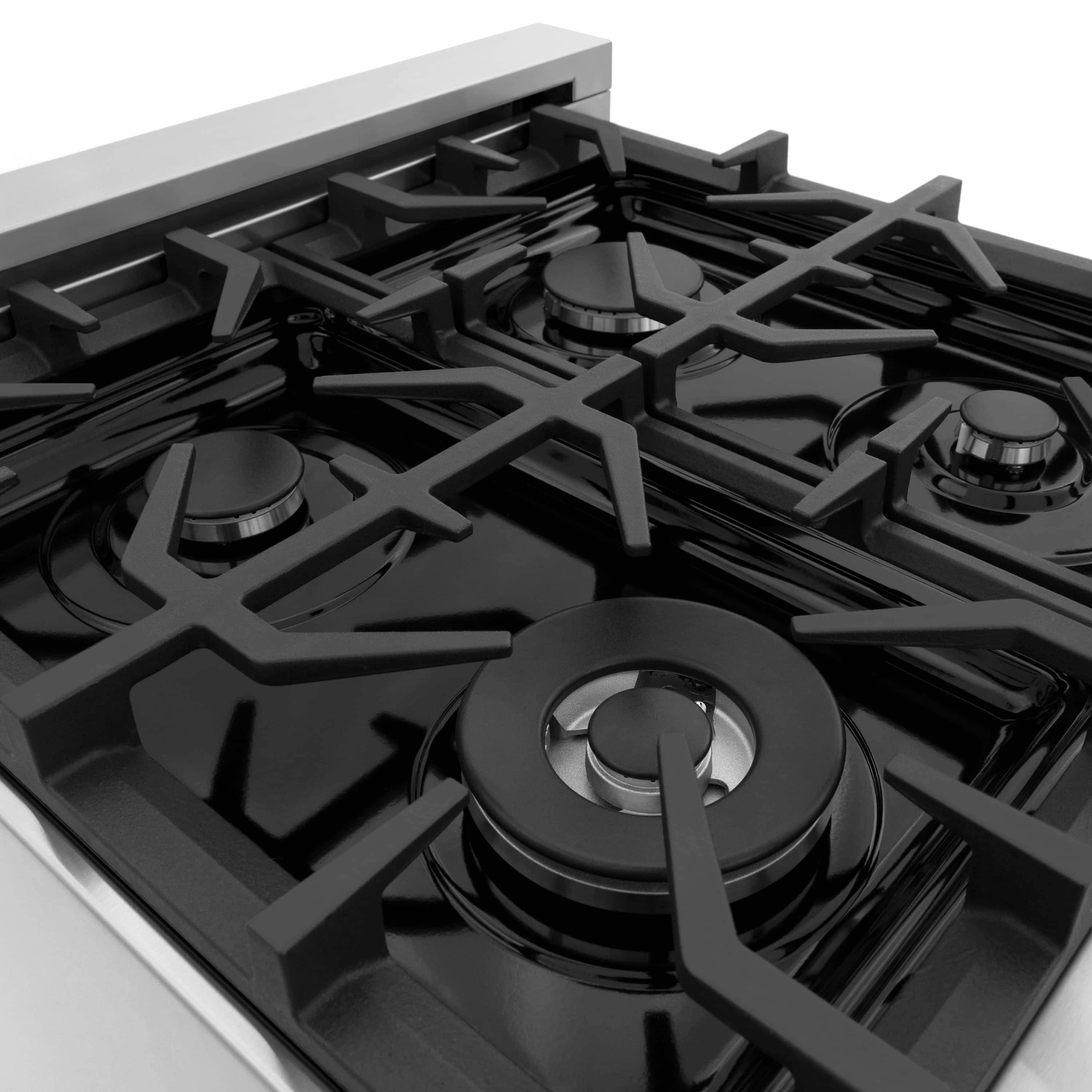 Black gas cooktop grates with four burner heads and control knobs