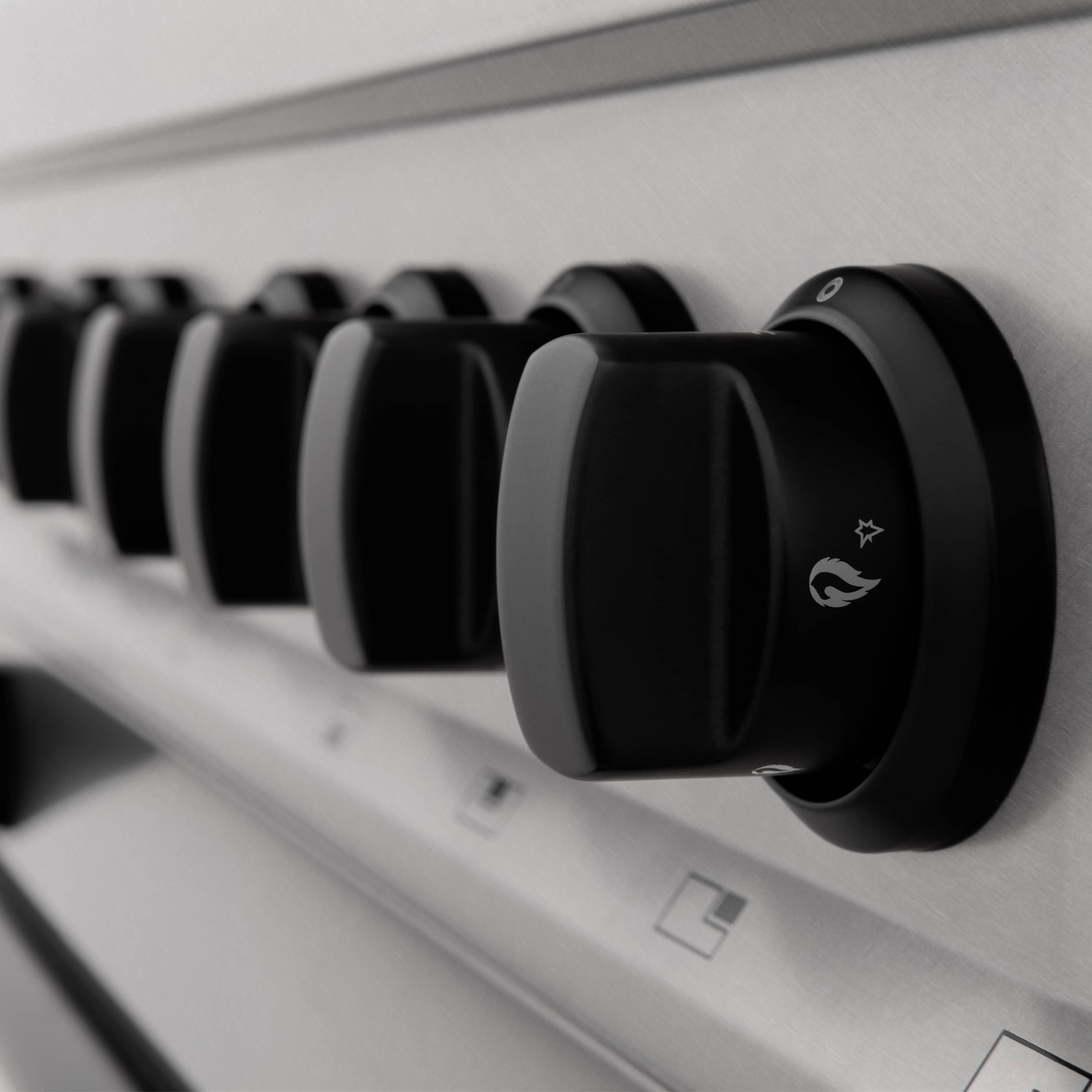 Black control knobs on satin stainless dual fuel range with indicator icons