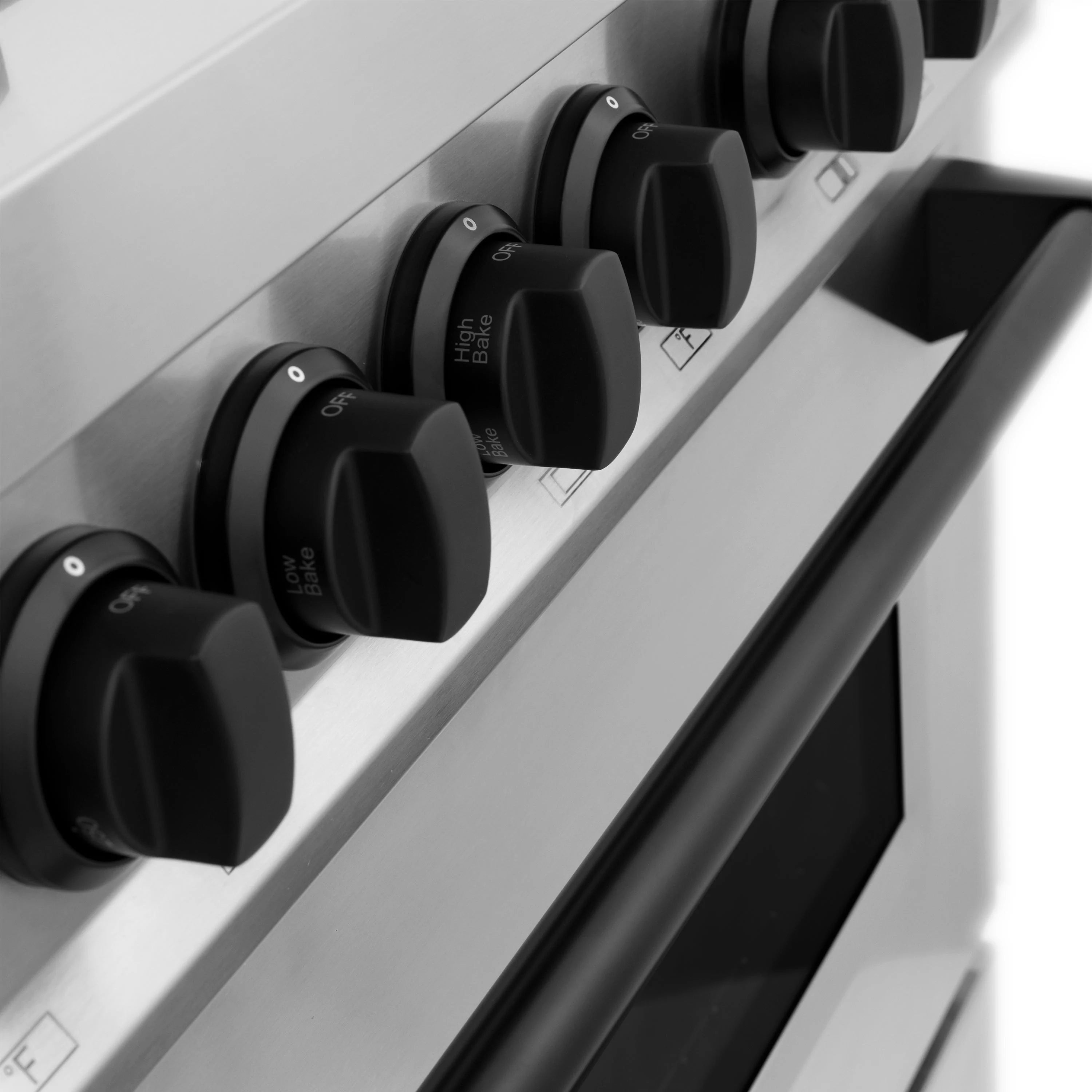 Stainless steel dual fuel range control knobs with black bezels and burner markings