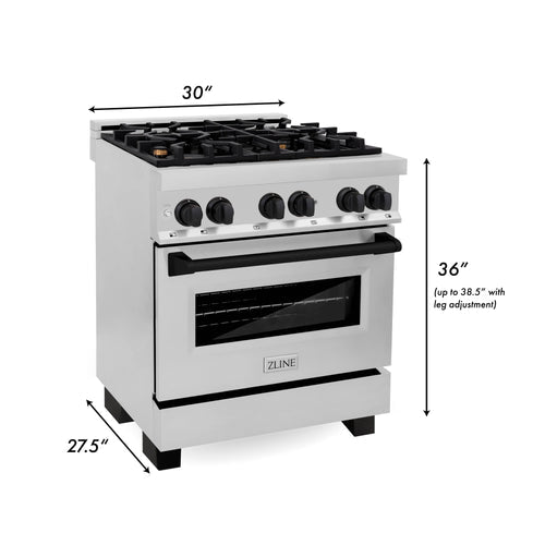 Stainless dual fuel range with front controls and oven door, shown with dimensions