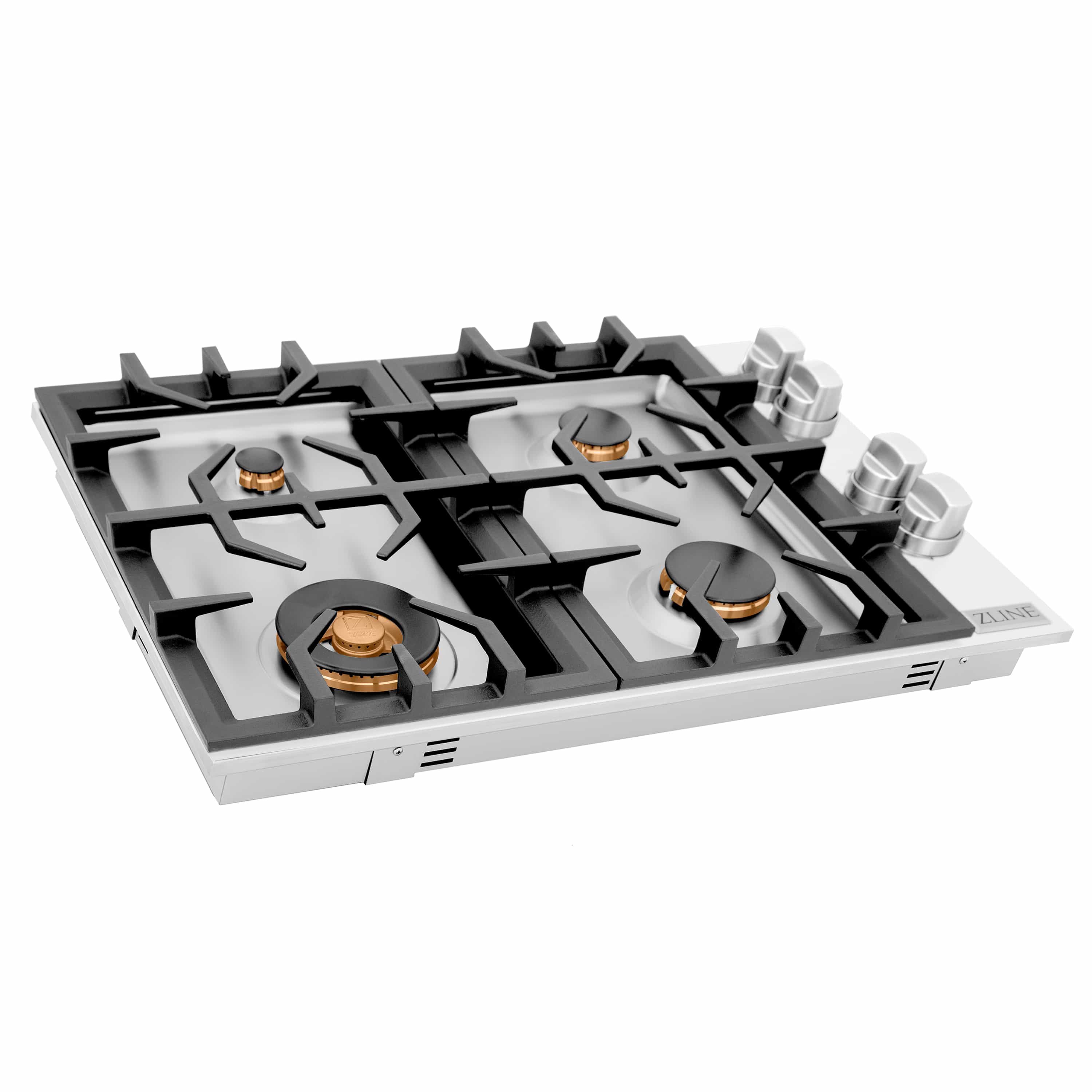 ZLINE 30-inch gas cooktop with four brass-cap burners and black cast-iron grates