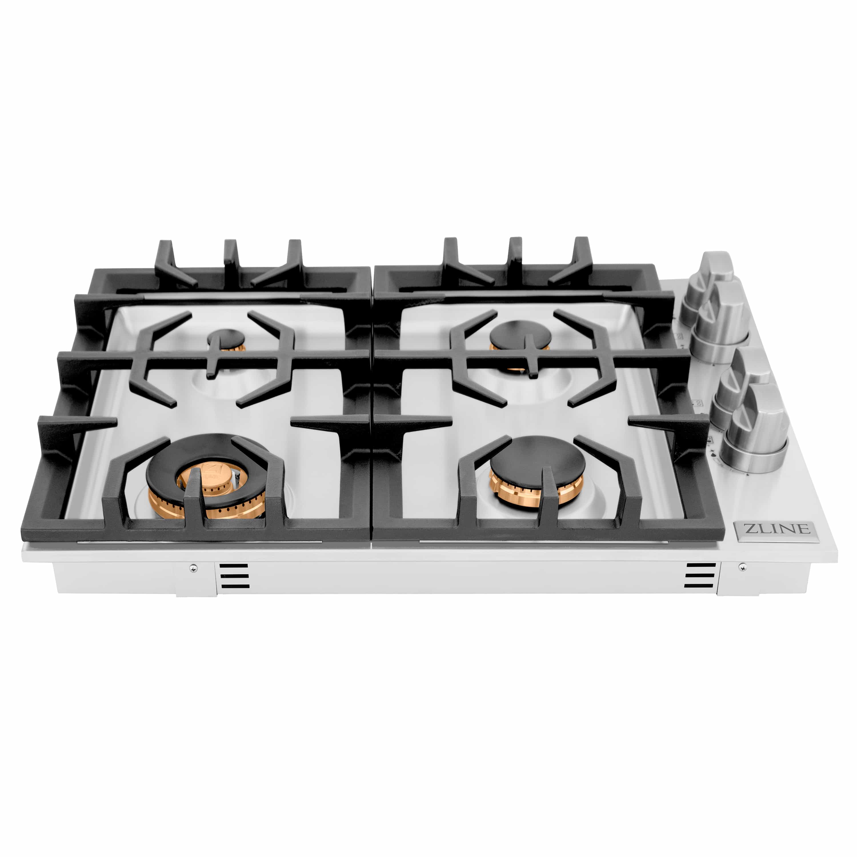 ZLINE gas cooktop with four burners, black grates, and brass ring details