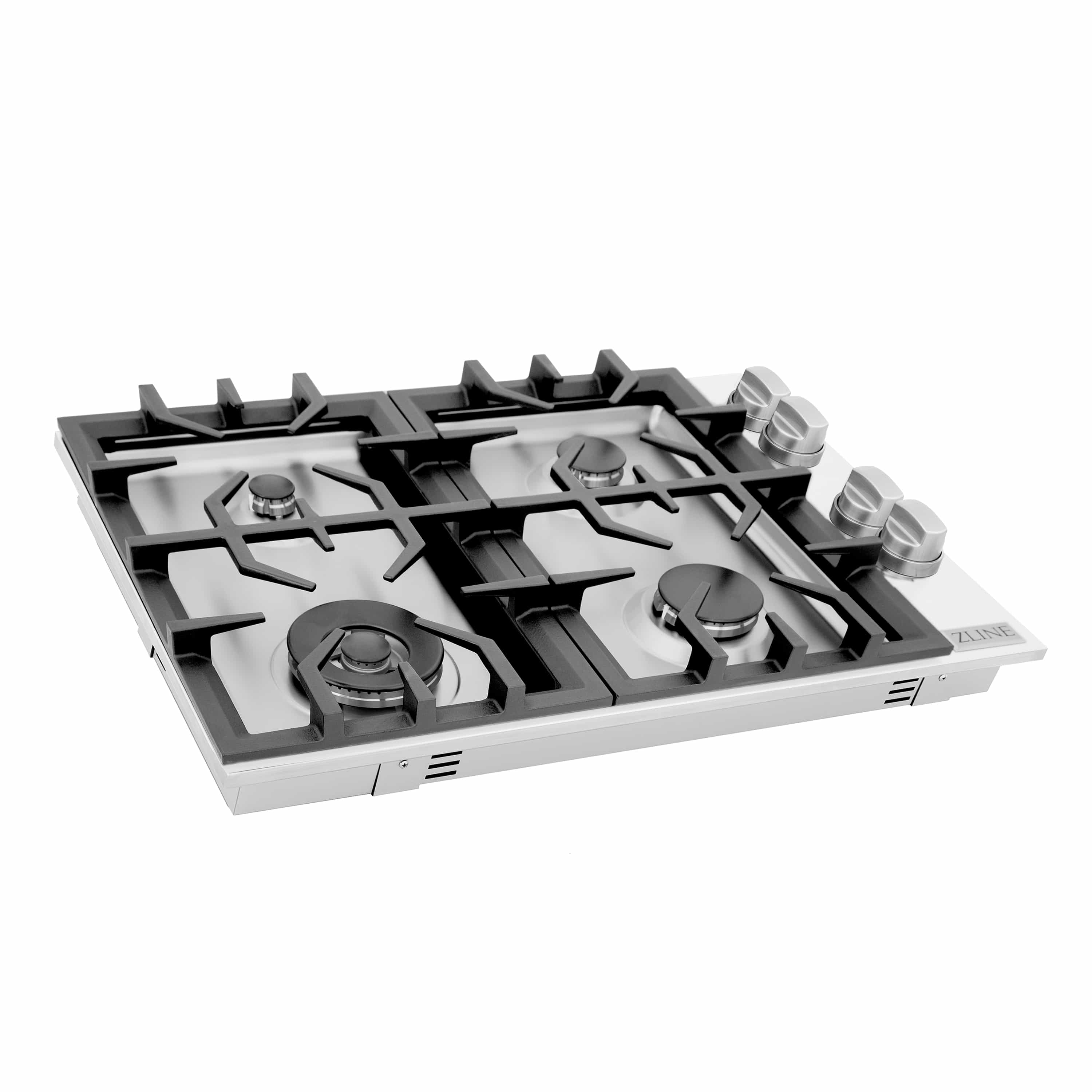 ZLINE gas cooktop with four burners, black grates, and stainless control panel