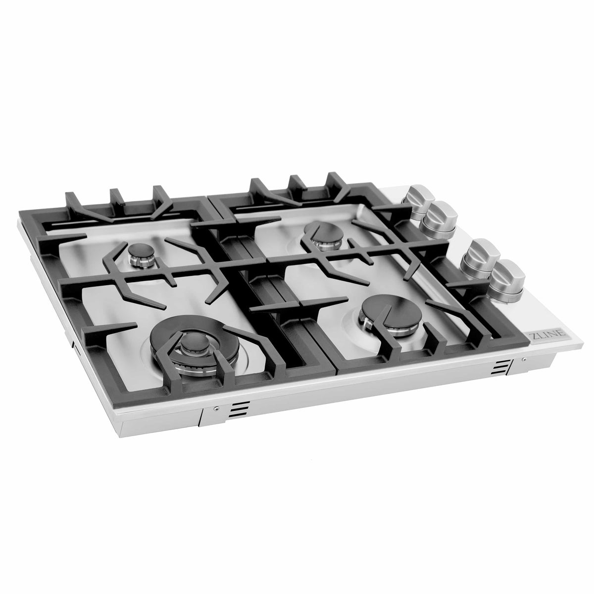 ZLINE gas cooktop top view with four burners and black grates on stainless frame