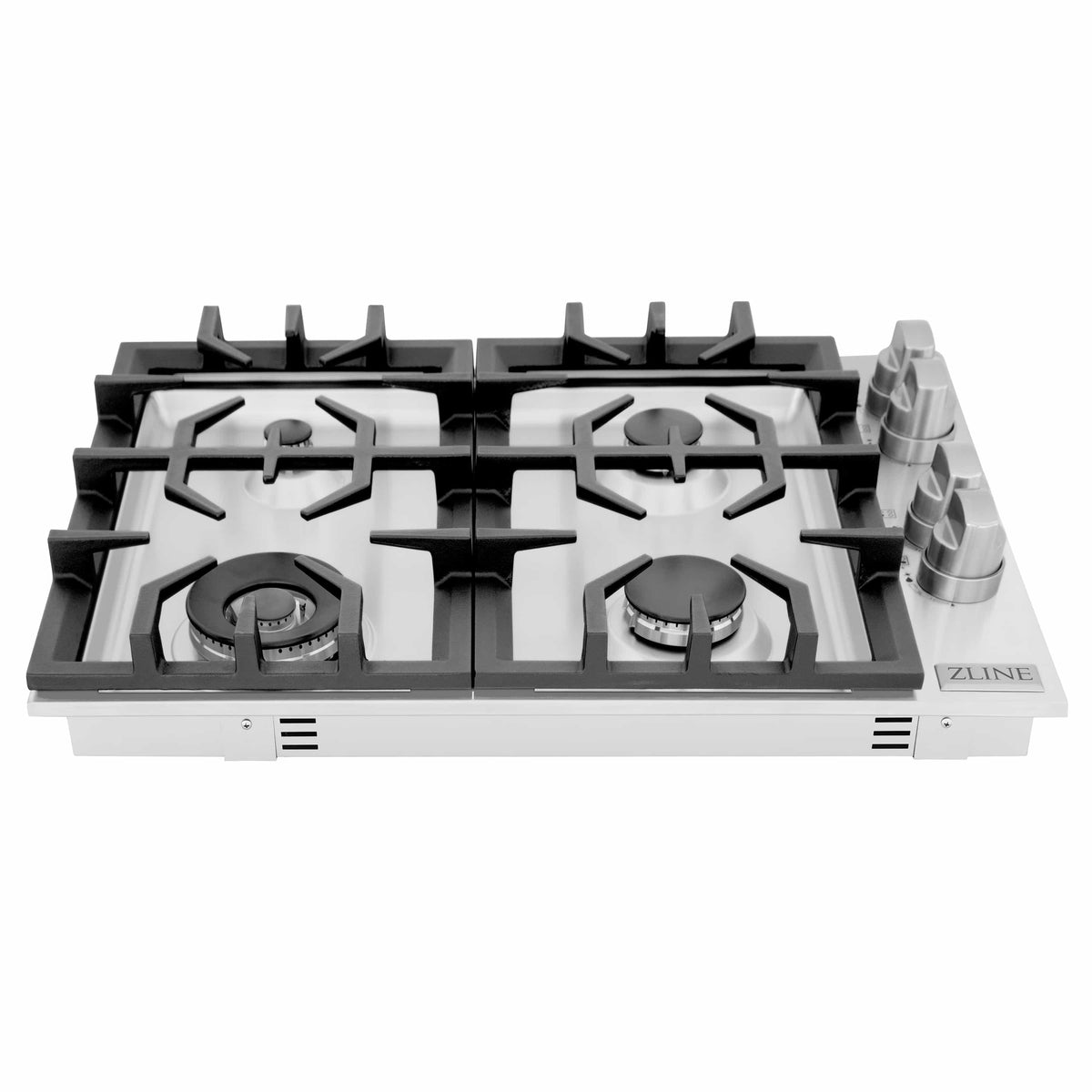 ZLINE gas cooktop top view with four burners, black grates, and right-side knobs