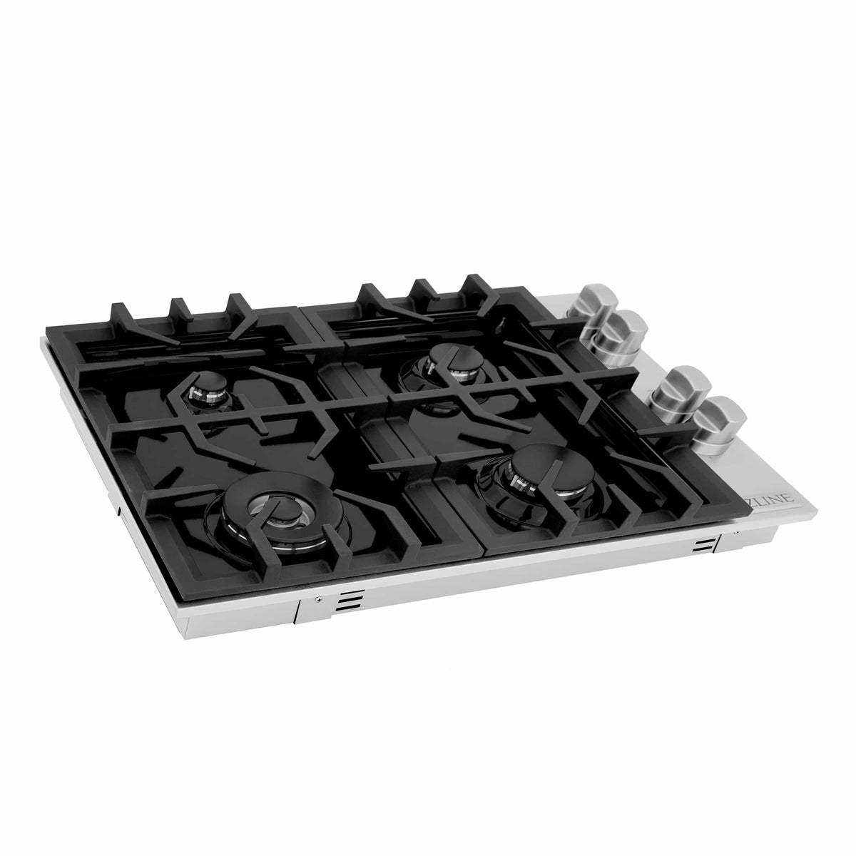 Black porcelain gas cooktop with four burners and black cast-iron grates