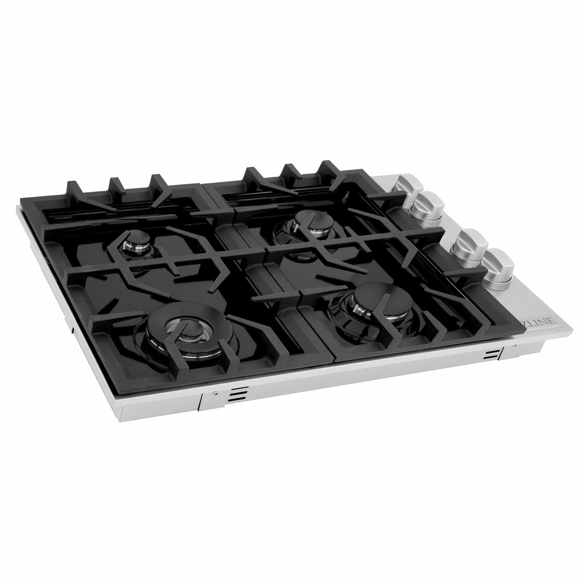 Black porcelain gas cooktop with four burners, black grates, and silver frame
