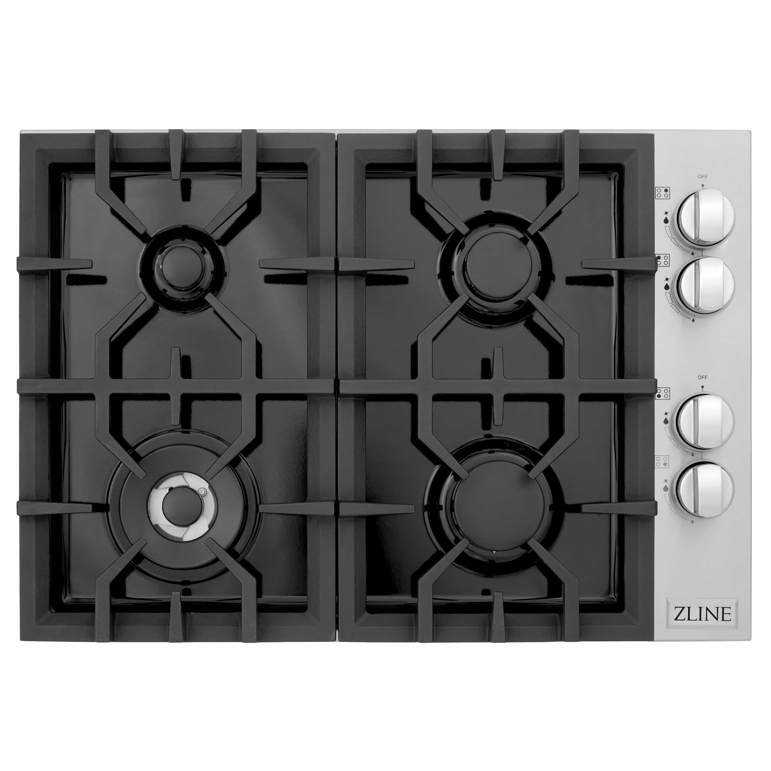 Black porcelain gas cooktop with four burners and three round control knobs on the right