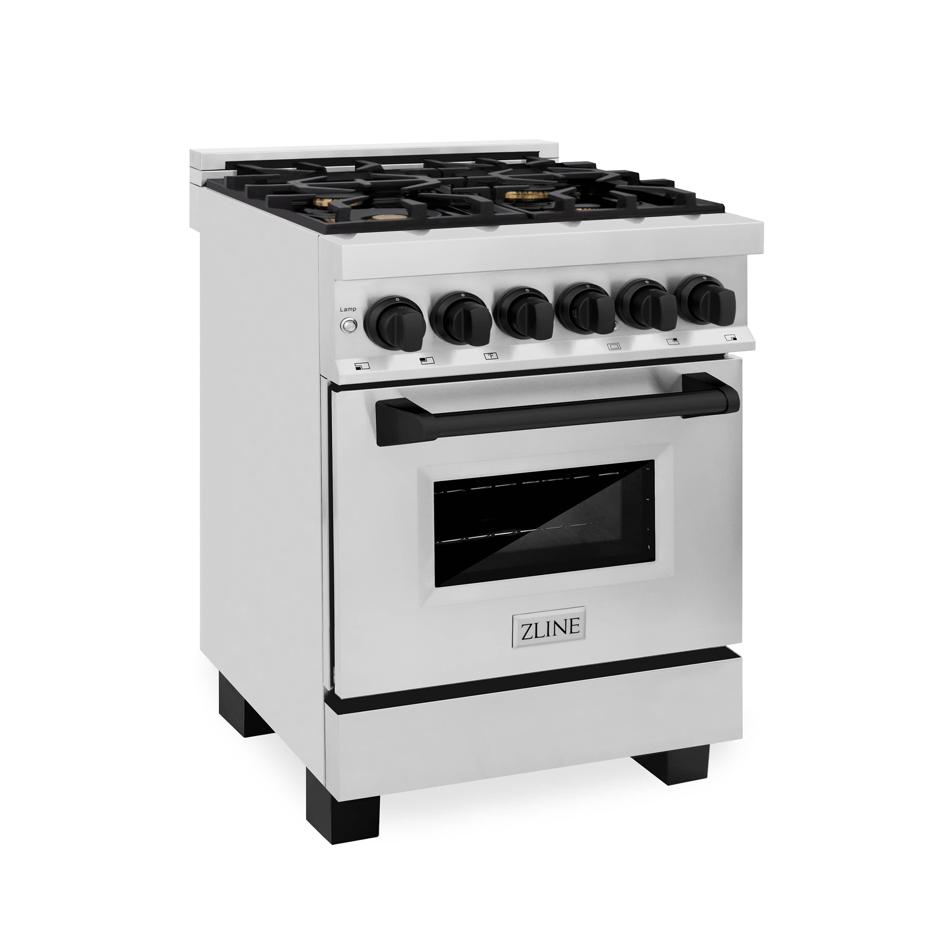 Stainless dual-fuel range with gas burners, black knobs, and closed glass oven door