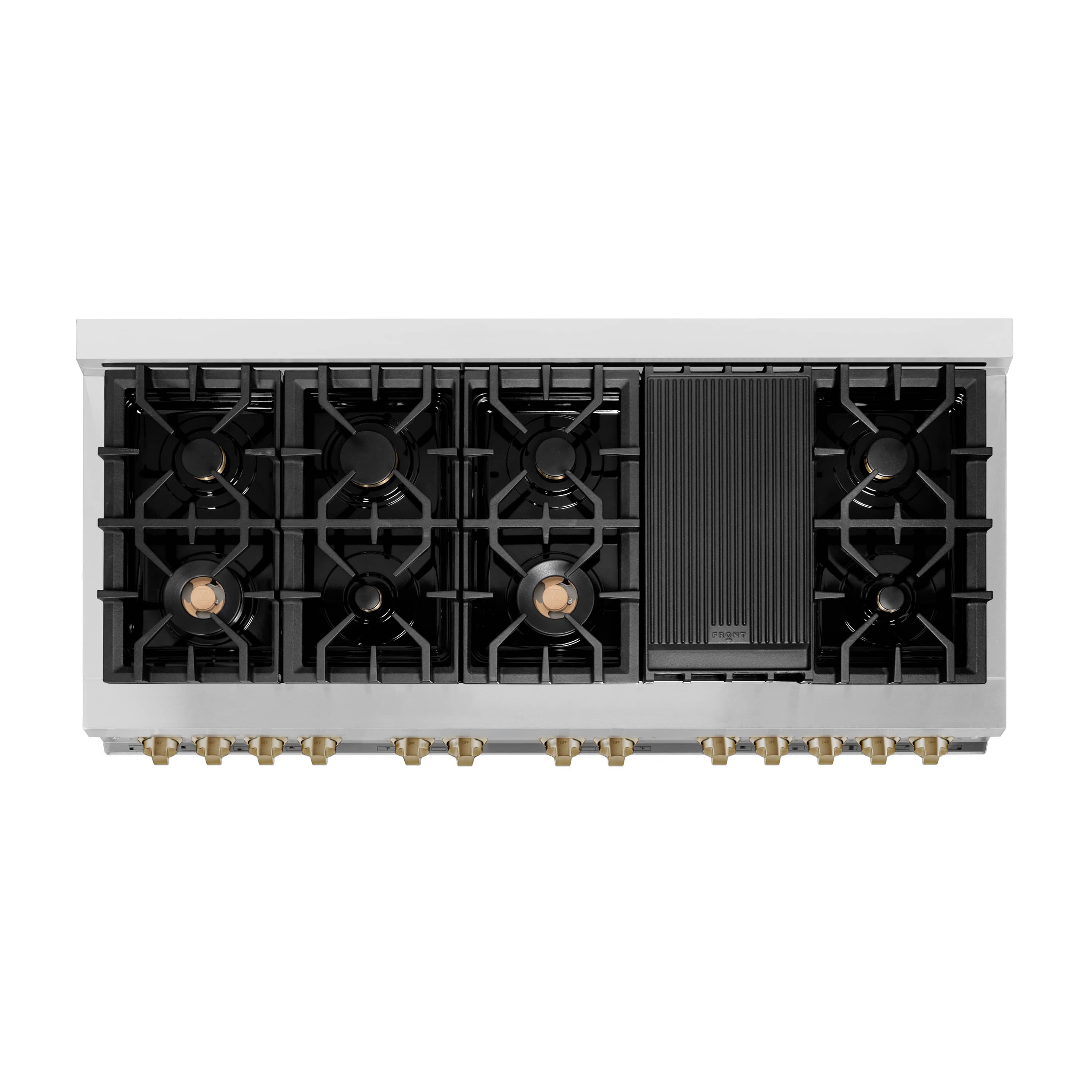 Dual fuel range cooktop with black grates and stainless control panel area