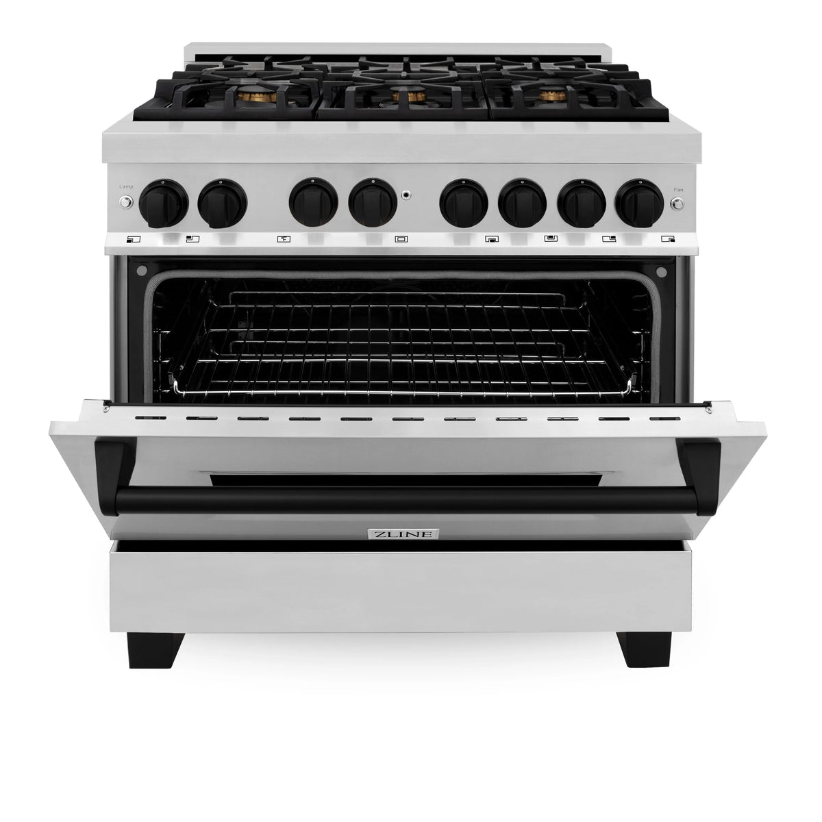 Stainless steel dual fuel range with oven cavity open and black glass front panel