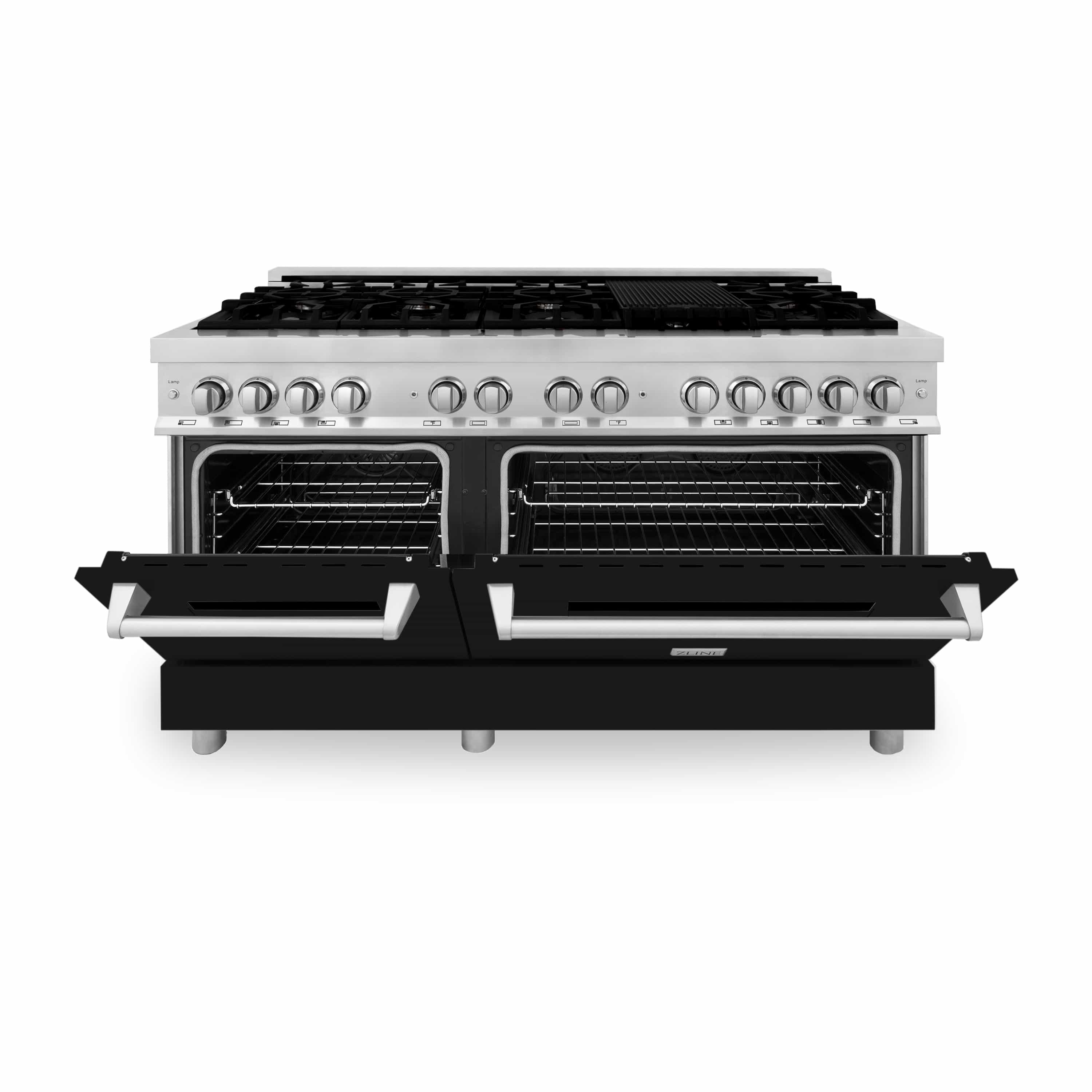 Stainless dual fuel range with black matte oven door and open grates