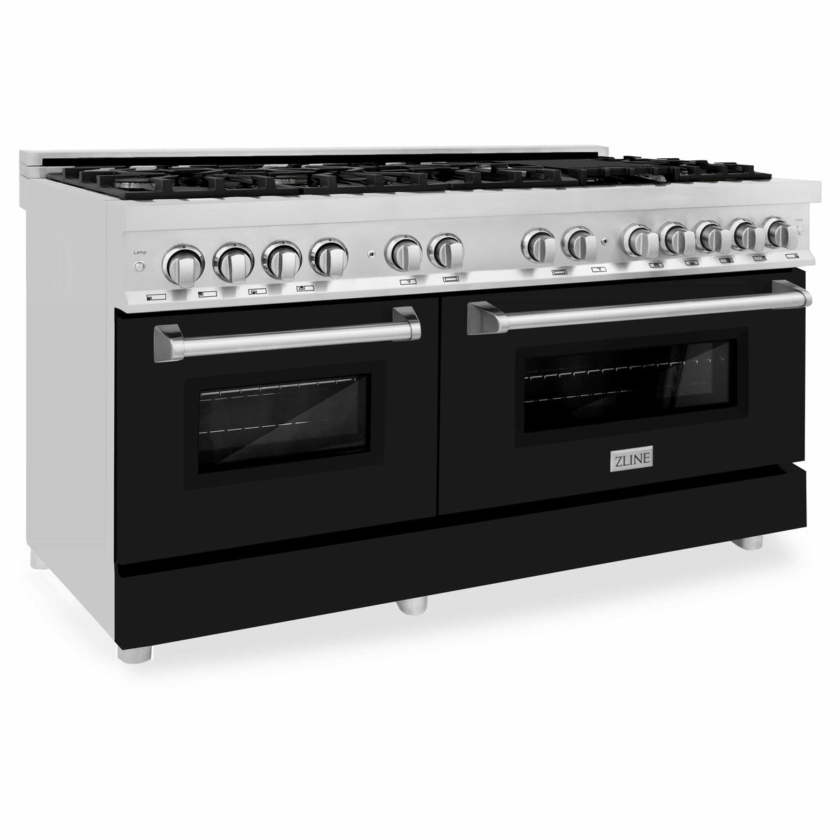 ZLINE dual fuel range, stainless front and black matte oven doors, 9 gas burners