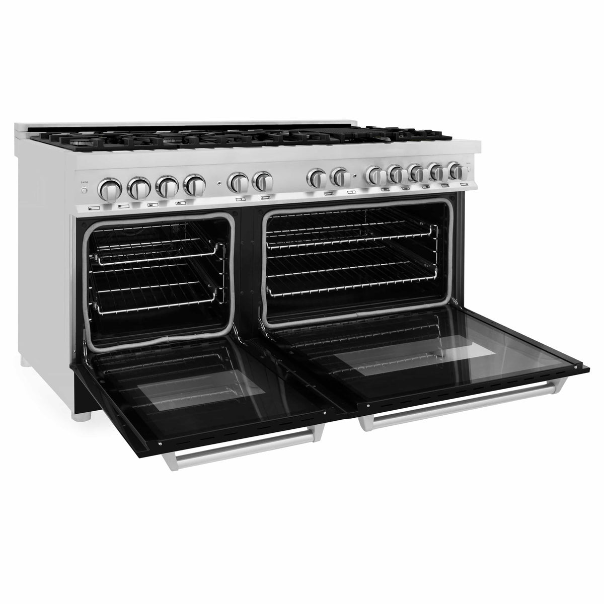 ZLINE dual fuel range with open black ovens and stainless cooktop, 9 gas burners
